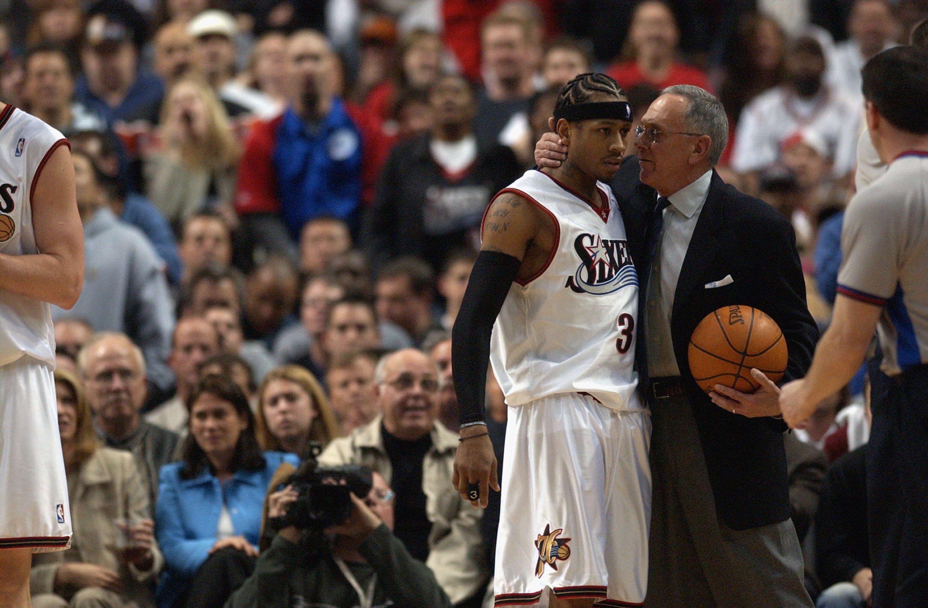 PHILADELPHIA - APRIL 23:  Allen Iverson #3 of the Philadelphia 76ers listens to head coach Larry Brown during a break from action against the New Orleans Hornets in Game two of the Eastern Conference Quarterfinals of the 2003 NBA Playoffs at First Union C