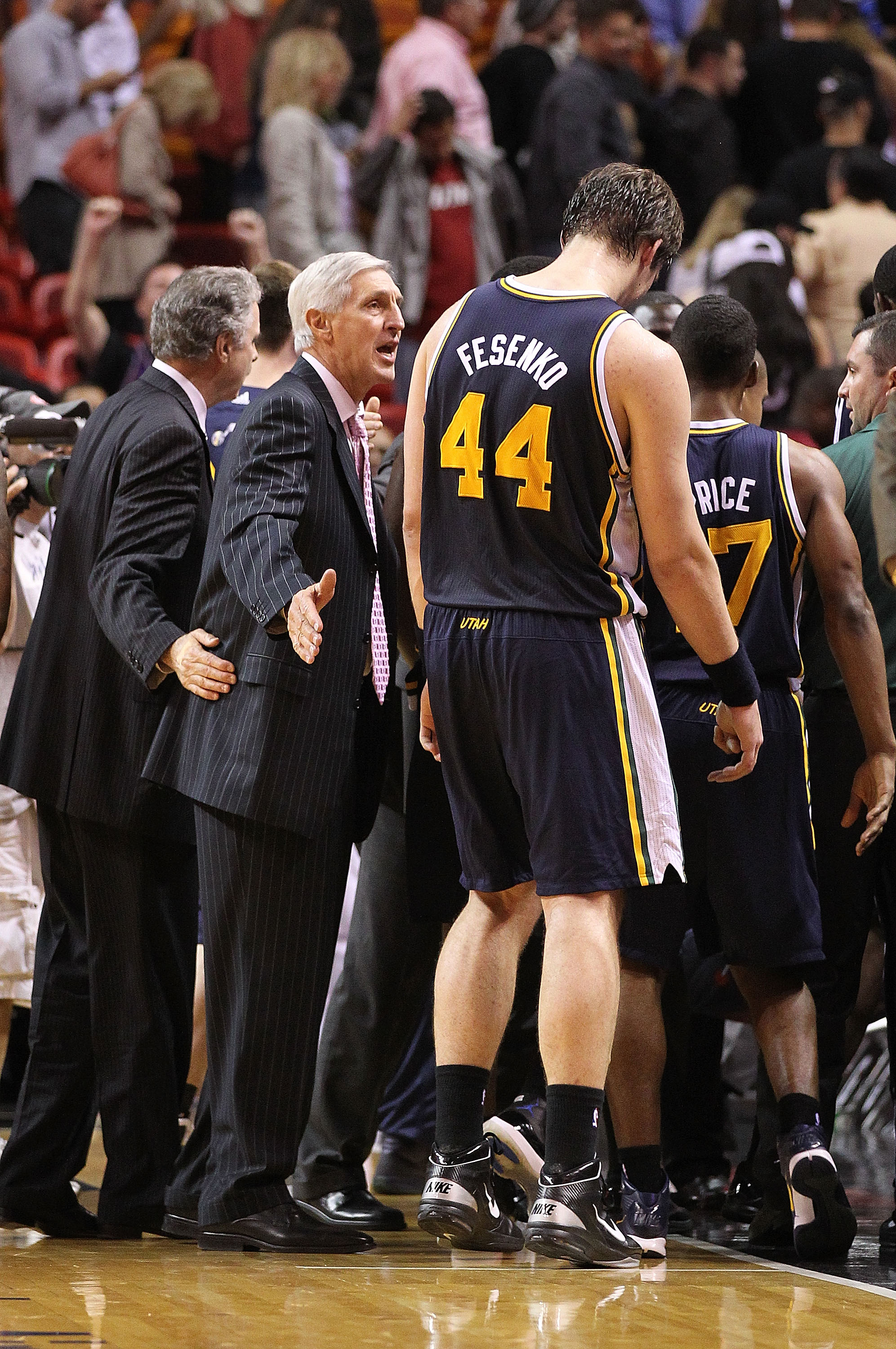 MIAMI - NOVEMBER 09: Utah Jazz head coach Jerry Sloan congratulates Kyrylo Fesenko after winning a game against the Miami Heat at American Airlines Arena on November 9, 2010 in Miami, Florida. NOTE TO USER: User expressly acknowledges and agrees that, by