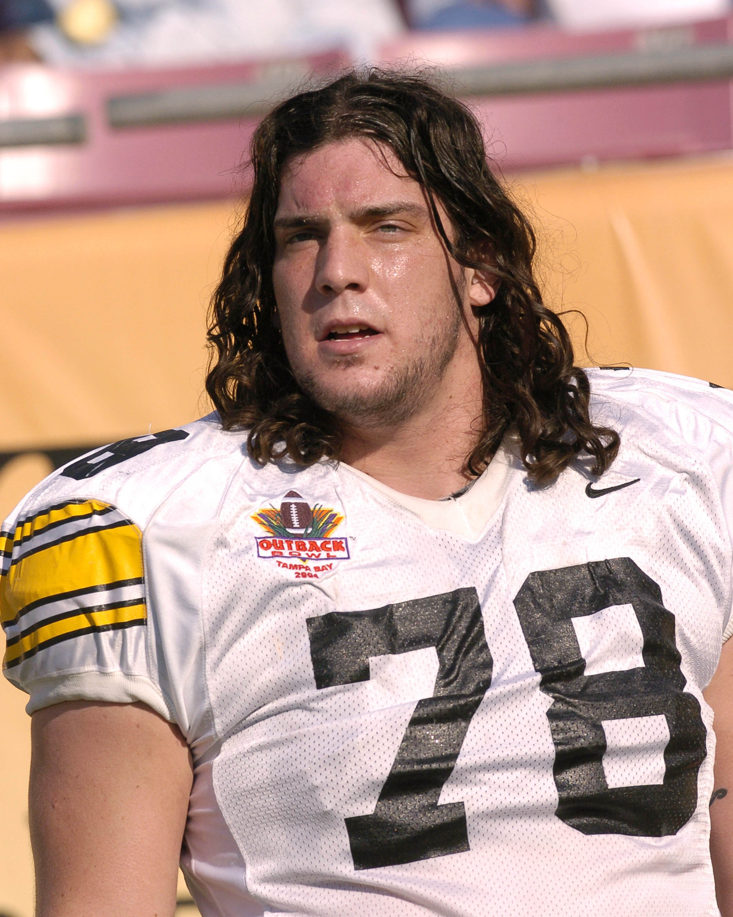 Iowa offensive lineman Robert 'The Mountain' Gallery sets for play (Photo by A. Messerschmidt/Getty Images)