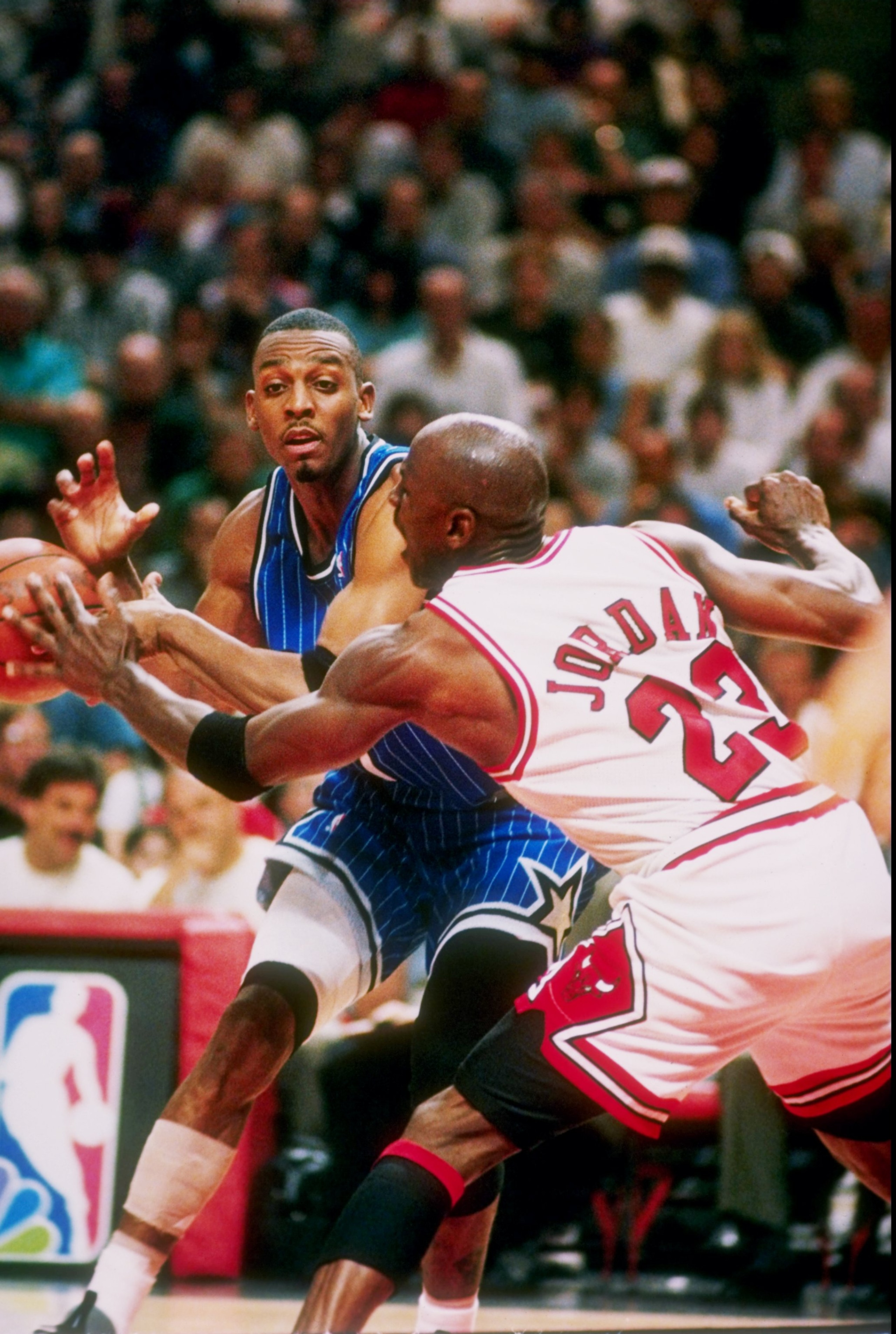19 May 1996: Guard Afernee Hardaway of the Orlando Magic (left) and guard Michael Jordan of the Chicago Bulls fight for the ball during a playoff game at the United Center in Chicago, Illinois. The Bulls won the game, 121-83. Mandatory Credit: Jonathan 19 May 1996: Guard Afernee Hardaway of the Orlando Magic (left) and guard Michael Jordan of the Chicago Bulls fight for the ball during a playoff game at the United Center in Chicago, Illinois. The Bulls won the game, 121-83. Mandatory Credit: Jonathan