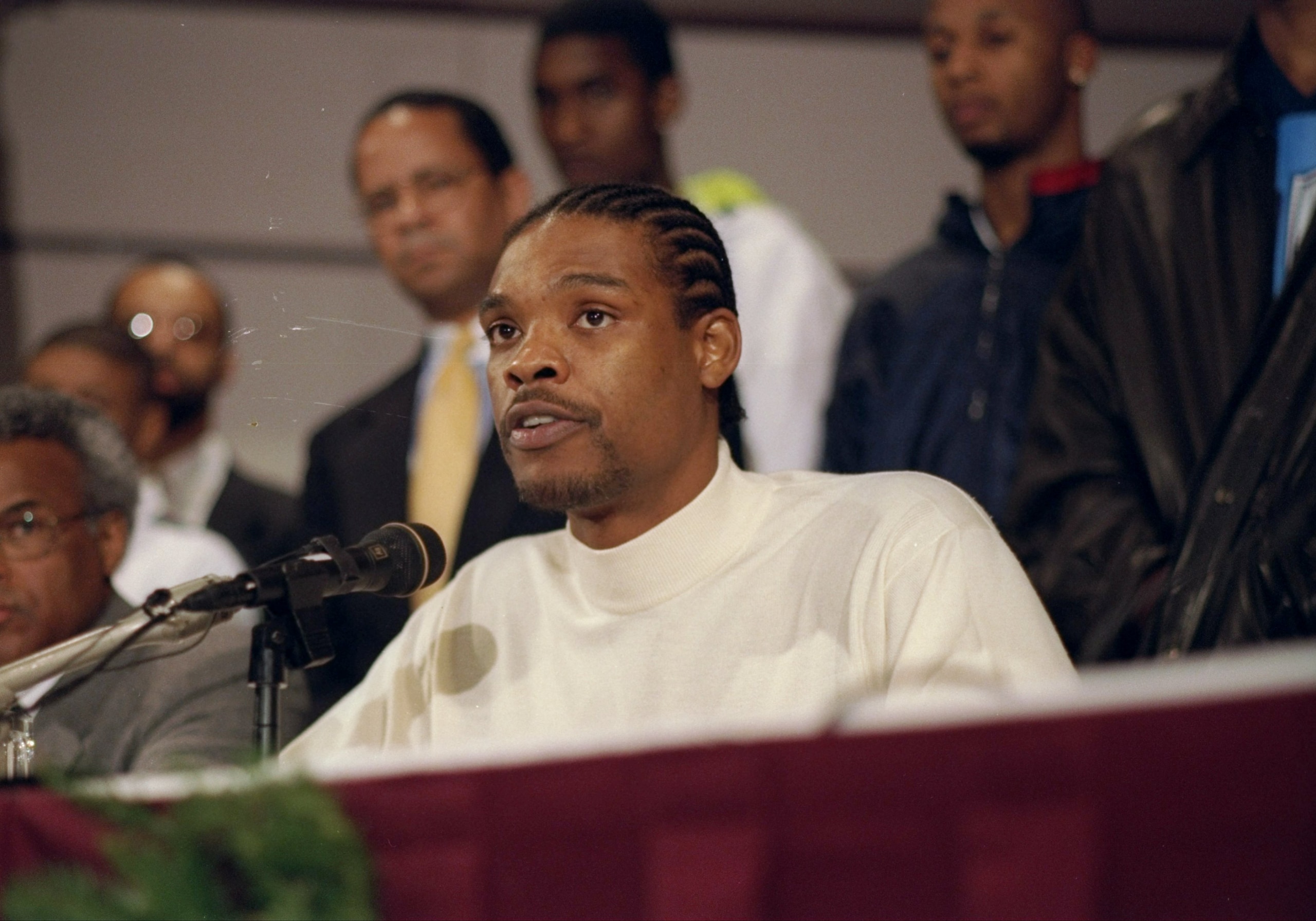 9 Dec 1997:  Latrell Sprewell of the Golden State Warriors holds a press conference after being suspended from the NBA due to an attack on head coach P.J. Charlisimo in Oakland, California. Mandatory Credit: Otto Greule  /Allsport