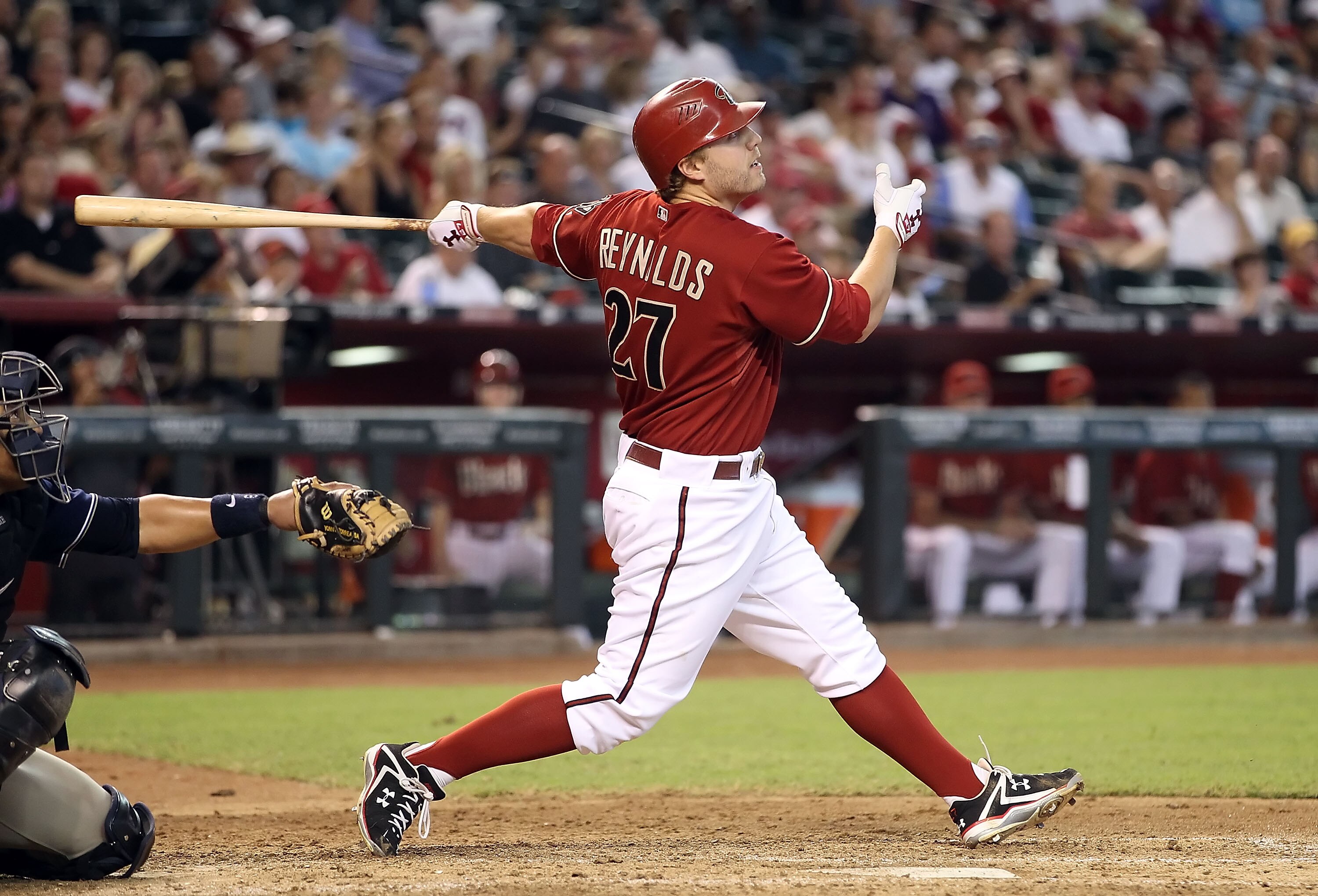 PHOENIX - AUGUST 08:  Mark Reynolds #27 of the Arizona Diamondbacks bats against the San Diego Padres during the Major League Baseball game at Chase Field on August 8, 2010 in Phoenix, Arizona. The Padres defeated the Diamondbacks 10-1.  (Photo by Christi