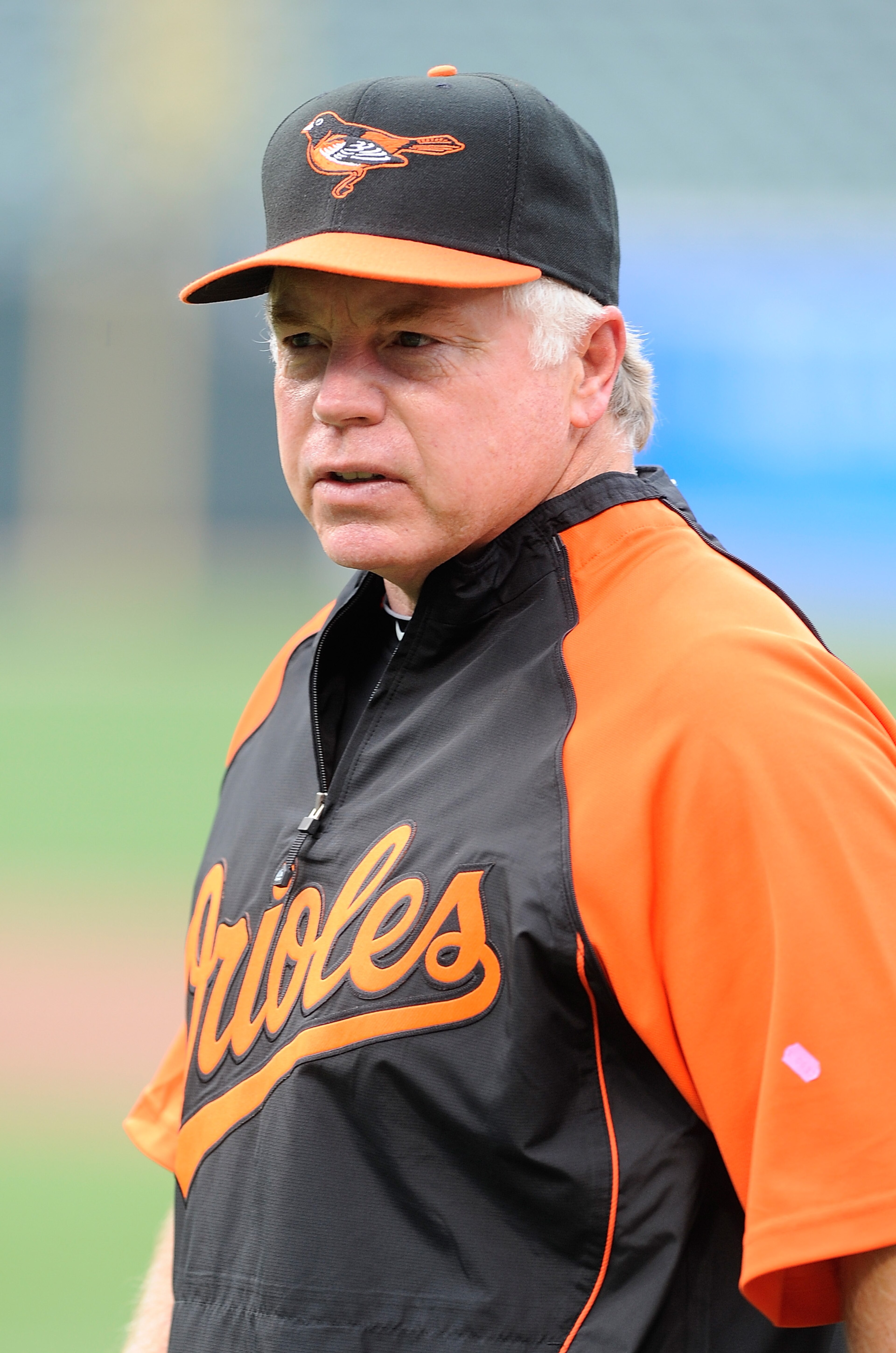 BALTIMORE - AUGUST 03:  Manager Buck Showalter of the Baltimore Orioles watches batting practice before the game against the Los Angeles Angels of Anaheim at Camden Yards on August 3, 2010 in Baltimore, Maryland.  (Photo by Greg Fiume/Getty Images)
