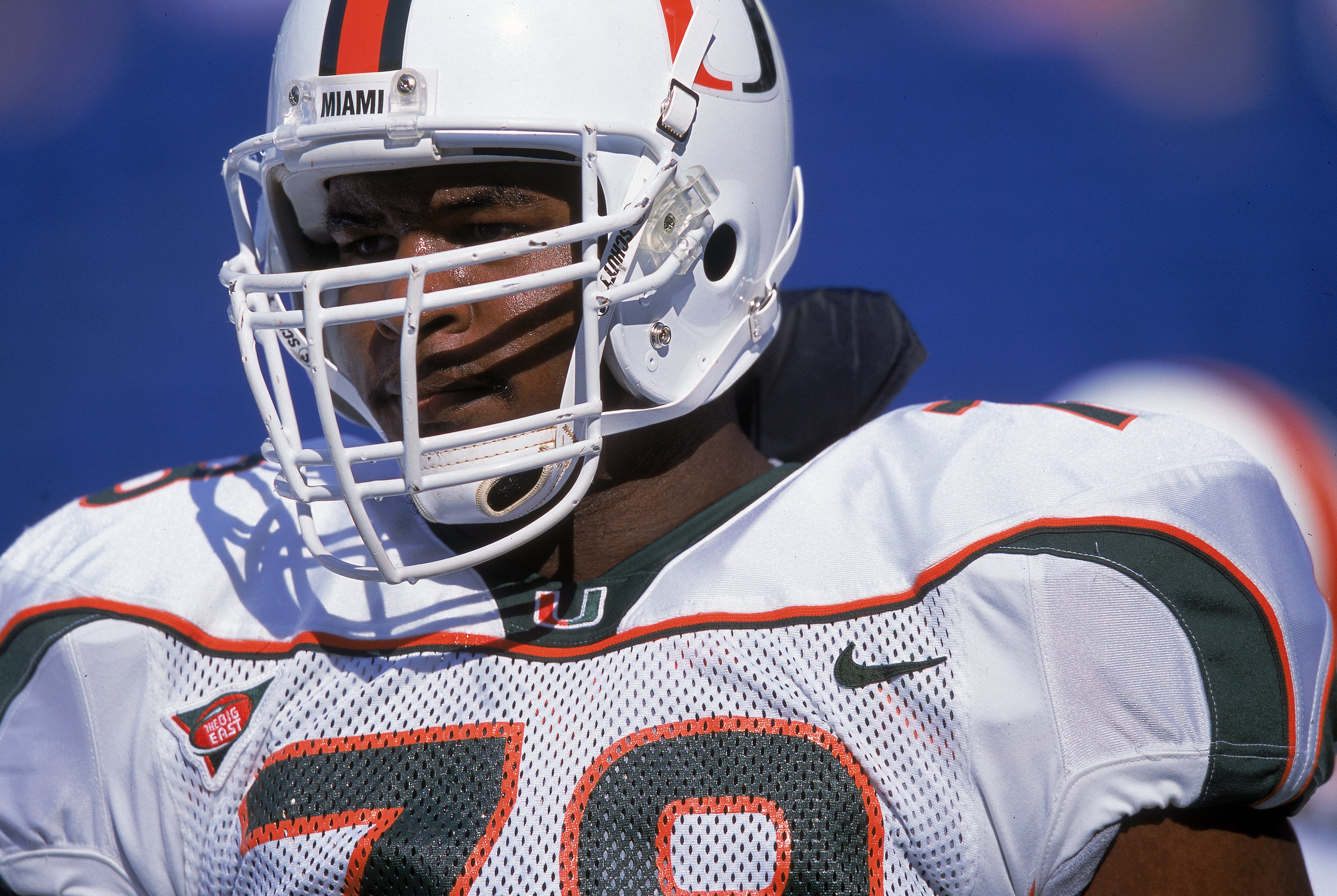 21 Oct 2000: Bryant McKinnie #78 of the Miami Hurricanes looks on the field during the game against the Temple Owls at the Veterans Stadium in Philadelphia, Pennsylvania. The Hurricanes defeated the Owls 45-17.Mandatory Credit: Doug Pensinger  /Allsport