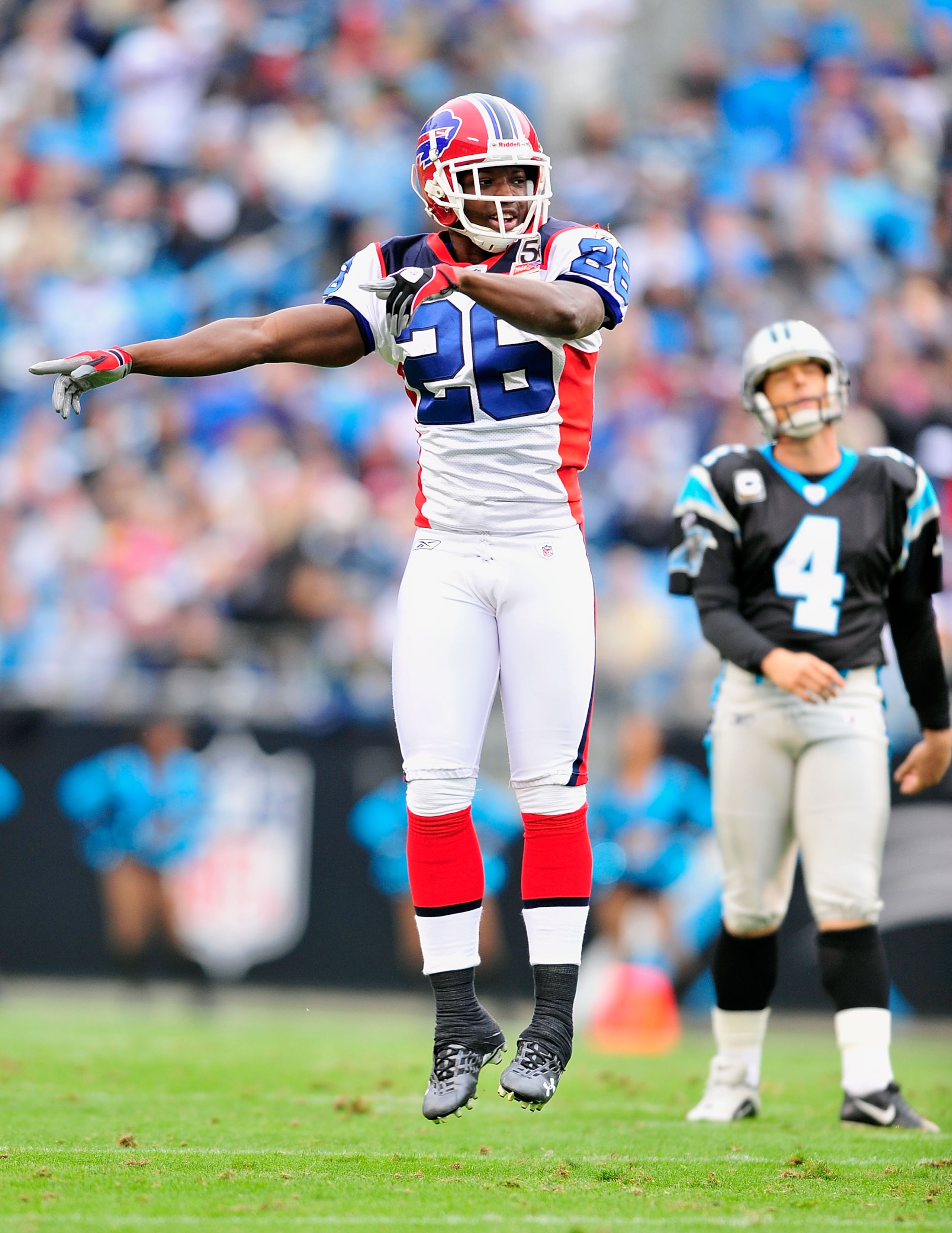 CHARLOTTE, NC - OCTOBER 25:  Ashton Youboty #26 of the Buffalo Bills reacts as John Kasey #4 of the Carolina Panthers  misses a field goal during the second quarter at Bank of America Stadium on October 25, 2009 in Charlotte, North Carolina.  (Photo by Gr