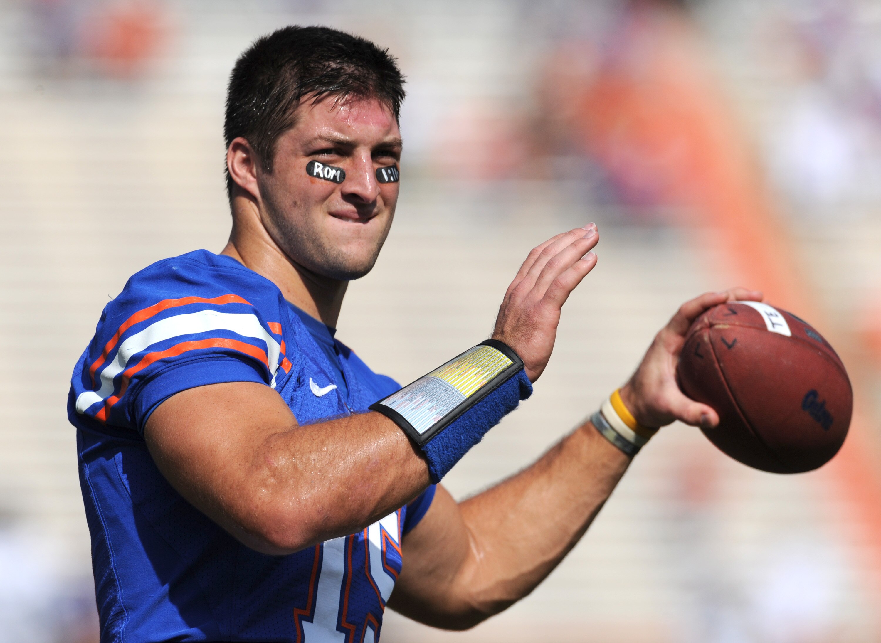 GAINESVILLE, FL - NOVEMBER 21: Quarterback Tim Tebow #15 of the Florida Gators warms up for play against the Florida International University Golden Panthers November 21, 2009 at Ben Hill Griffin Stadium in Gainesville, Florida.  (Photo by Al Messerschmid