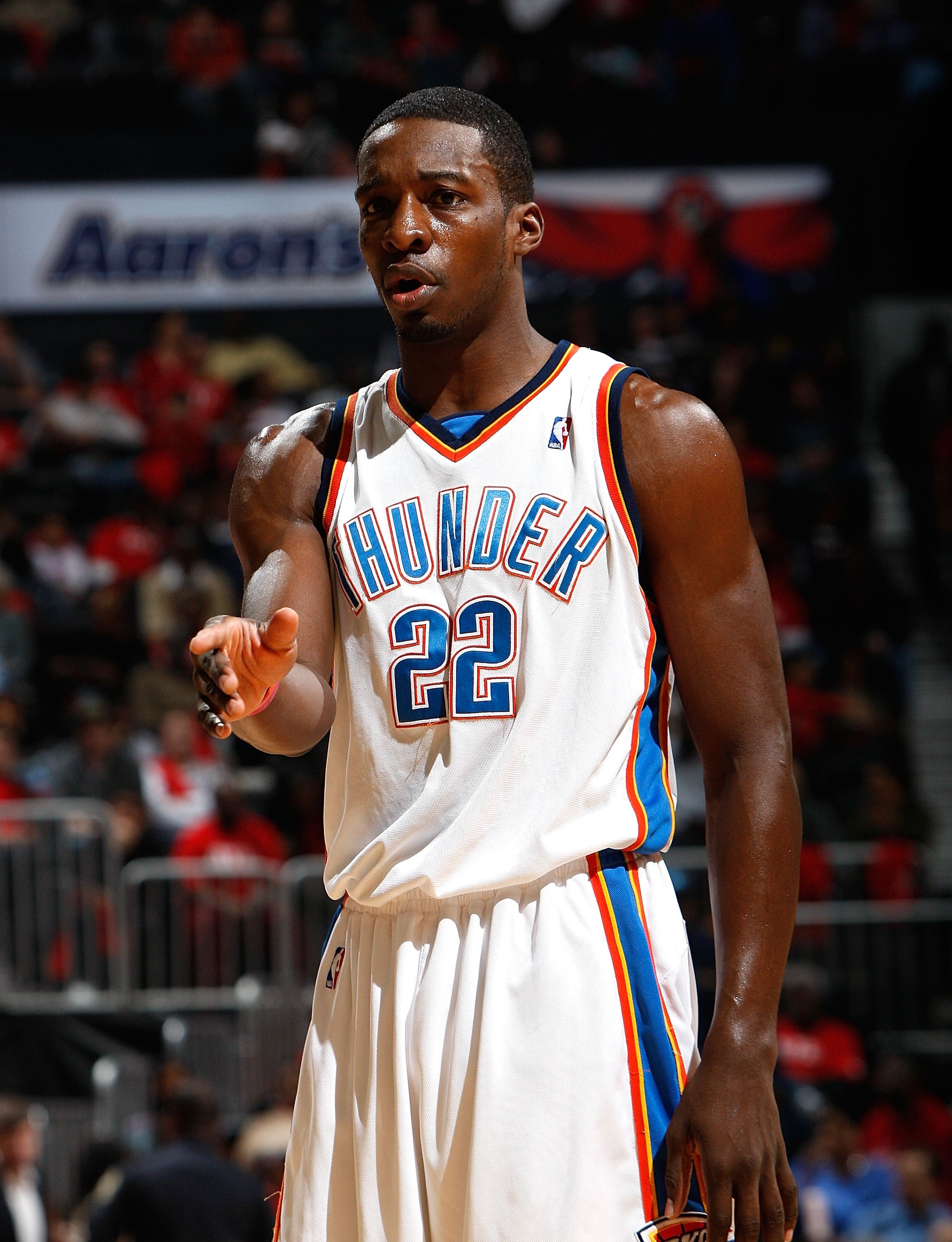 ATLANTA - JANUARY 18:  Jeff Green #22 of the Oklahoma City Thunder against the Atlanta Hawks at Philips Arena on January 18, 2010 in Atlanta, Georgia.  NOTE TO USER: User expressly acknowledges and agrees that, by downloading and/or using this Photograph,