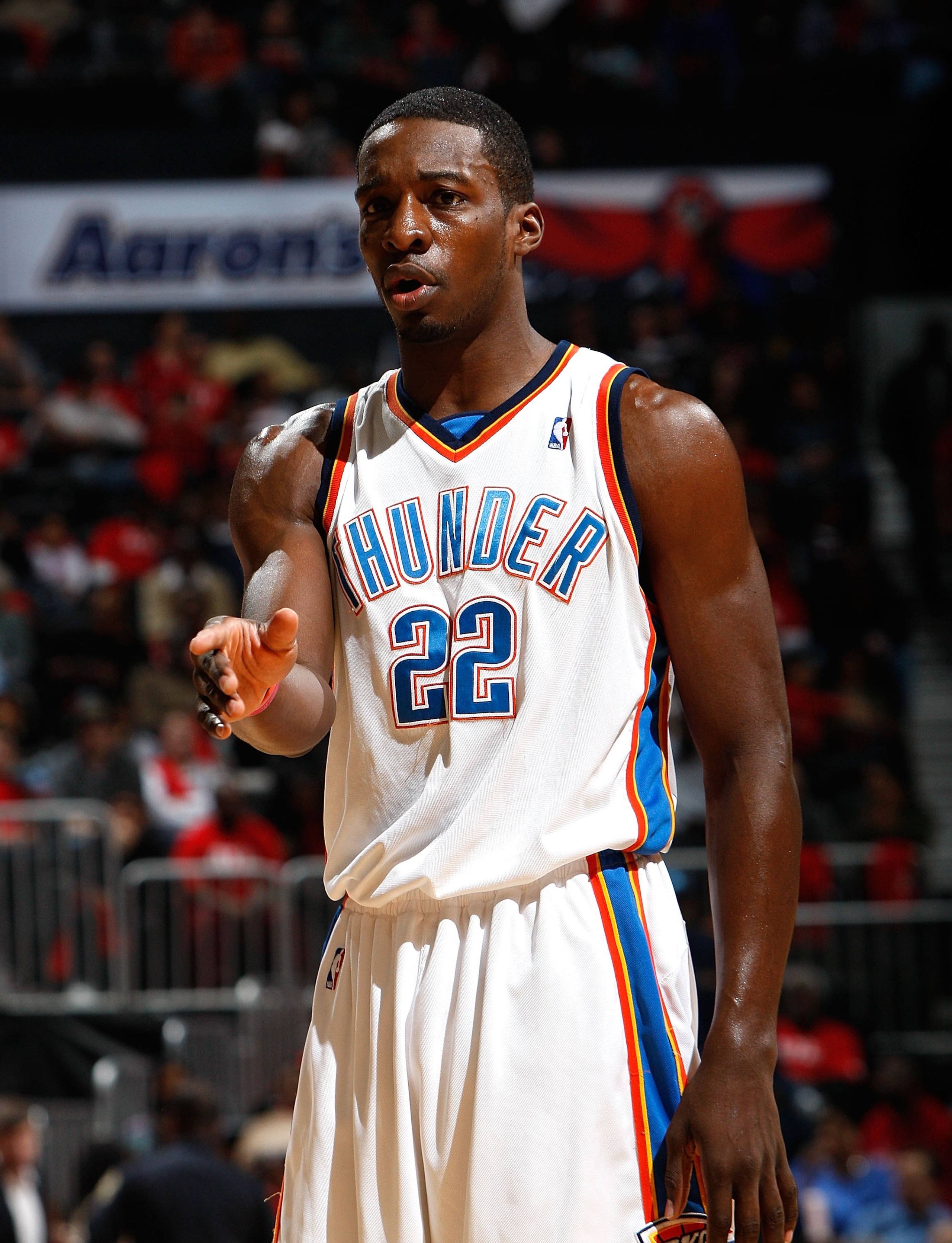 ATLANTA - JANUARY 18:  Jeff Green #22 of the Oklahoma City Thunder against the Atlanta Hawks at Philips Arena on January 18, 2010 in Atlanta, Georgia.  NOTE TO USER: User expressly acknowledges and agrees that, by downloading and/or using this Photograph,