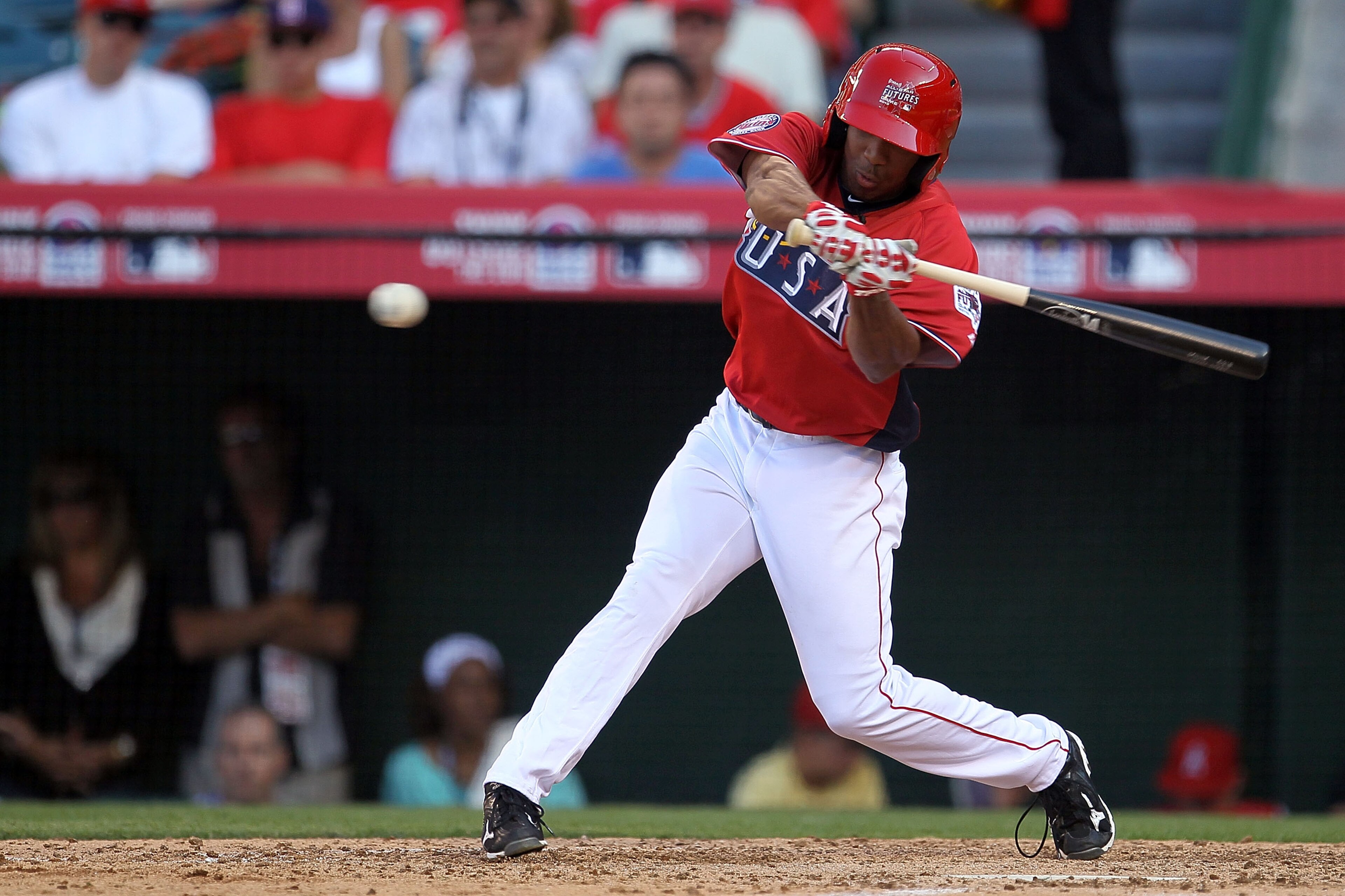 ANAHEIM, CA - JULY 11:  U.S. Futures All-Star Ben Revere #7 of the Minnesota Twins at bat during the 2010 XM All-Star Futures Game at Angel Stadium of Anaheim on July 11, 2010 in Anaheim, California.  (Photo by Stephen Dunn/Getty Images)