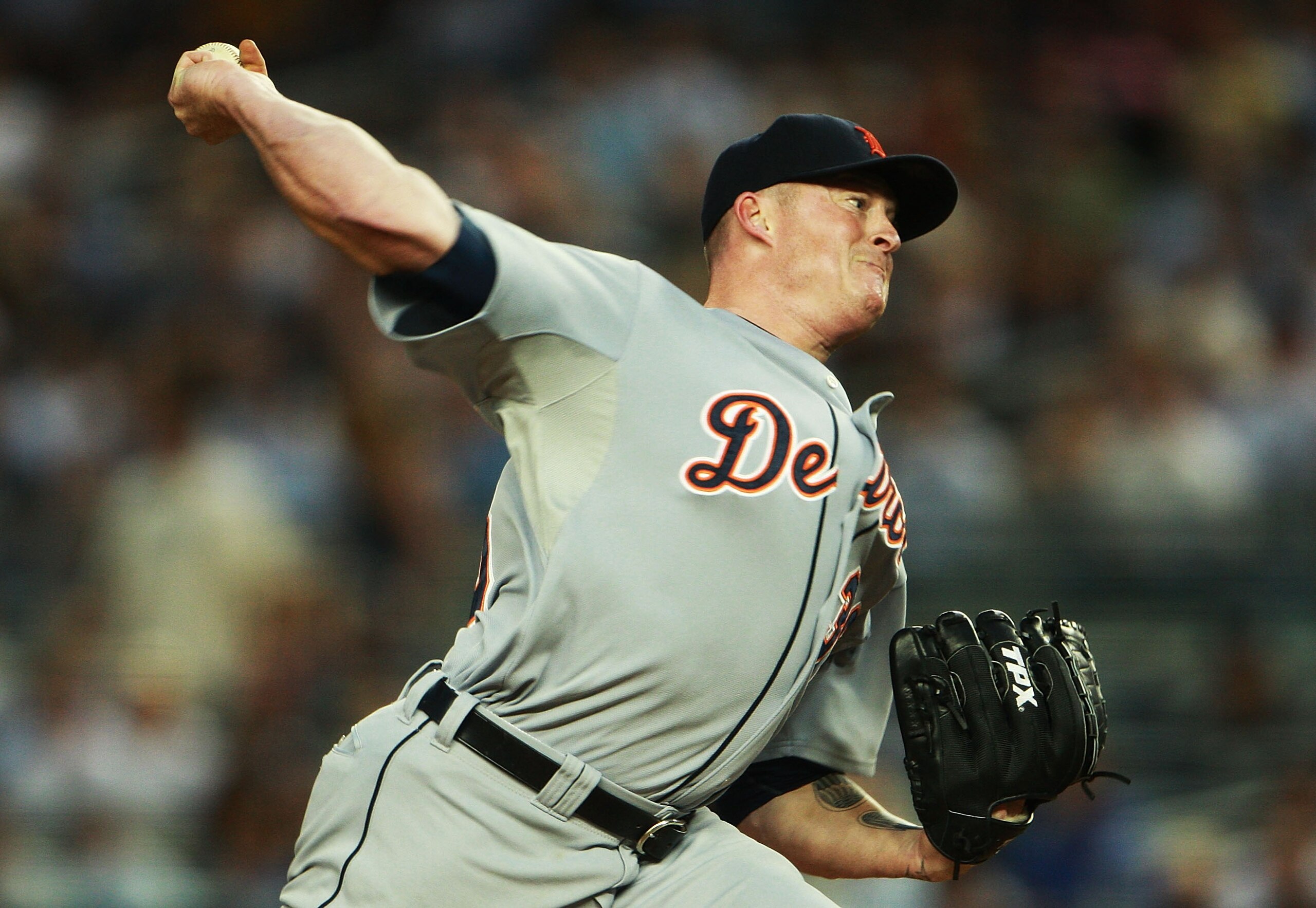 NEW YORK - AUGUST 18: Jeremy Bonderman #38 of the Detroit Tigers pitching against the New York Yankees at Yankee Stadium on August 18, 2010 in the Bronx borough of New York City.  (Photo by Andrew Burton/Getty Images)
