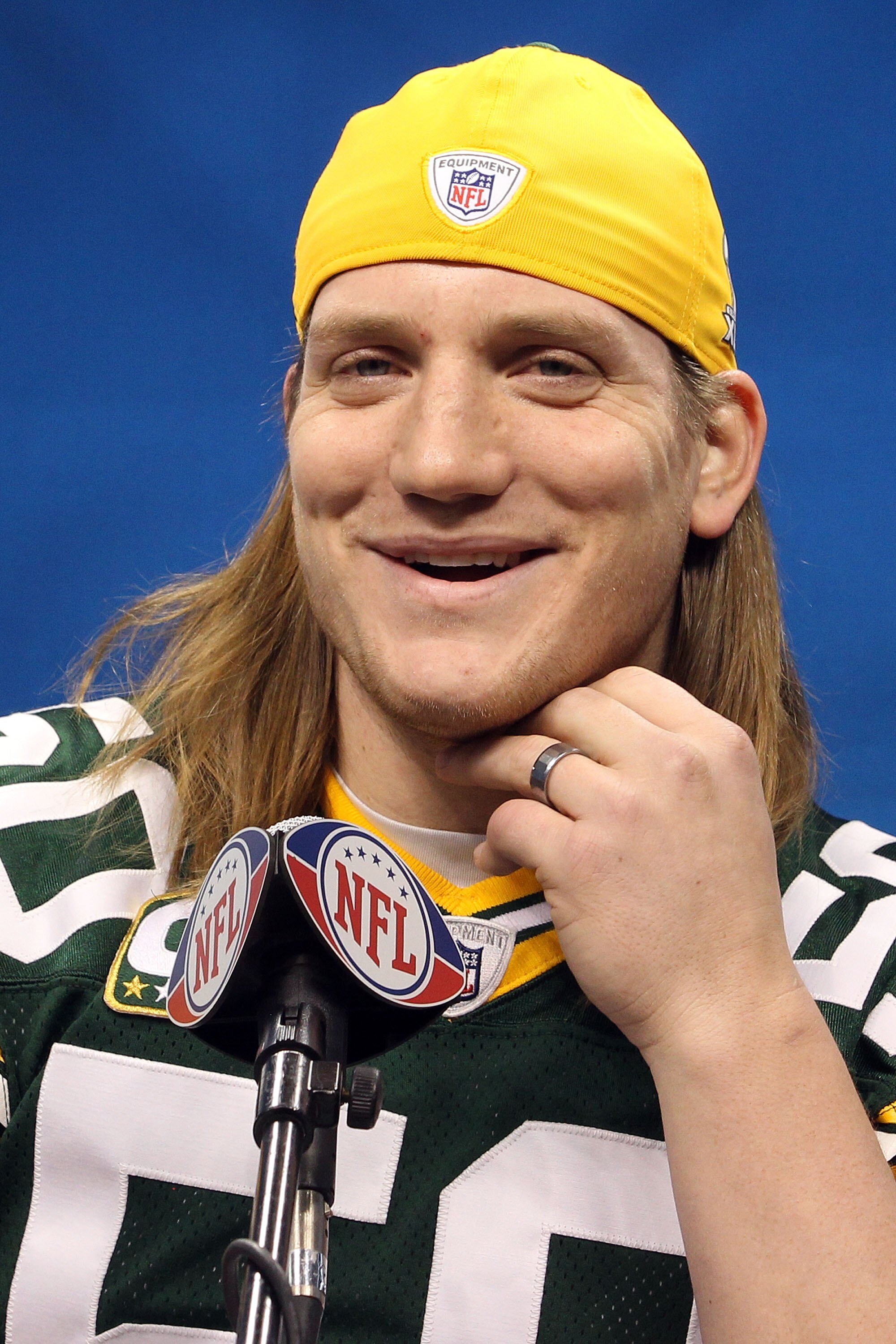 ARLINGTON, TX - FEBRUARY 01:  A.J. Hawk #50 of the Green Bay Packers addresses the media during Super Bowl XLV Media Day ahead of Super Bowl XLV at Cowboys Stadium on February 1, 2011 in Arlington, Texas. The Pittsburgh Steelers will play the Green Bay Pa