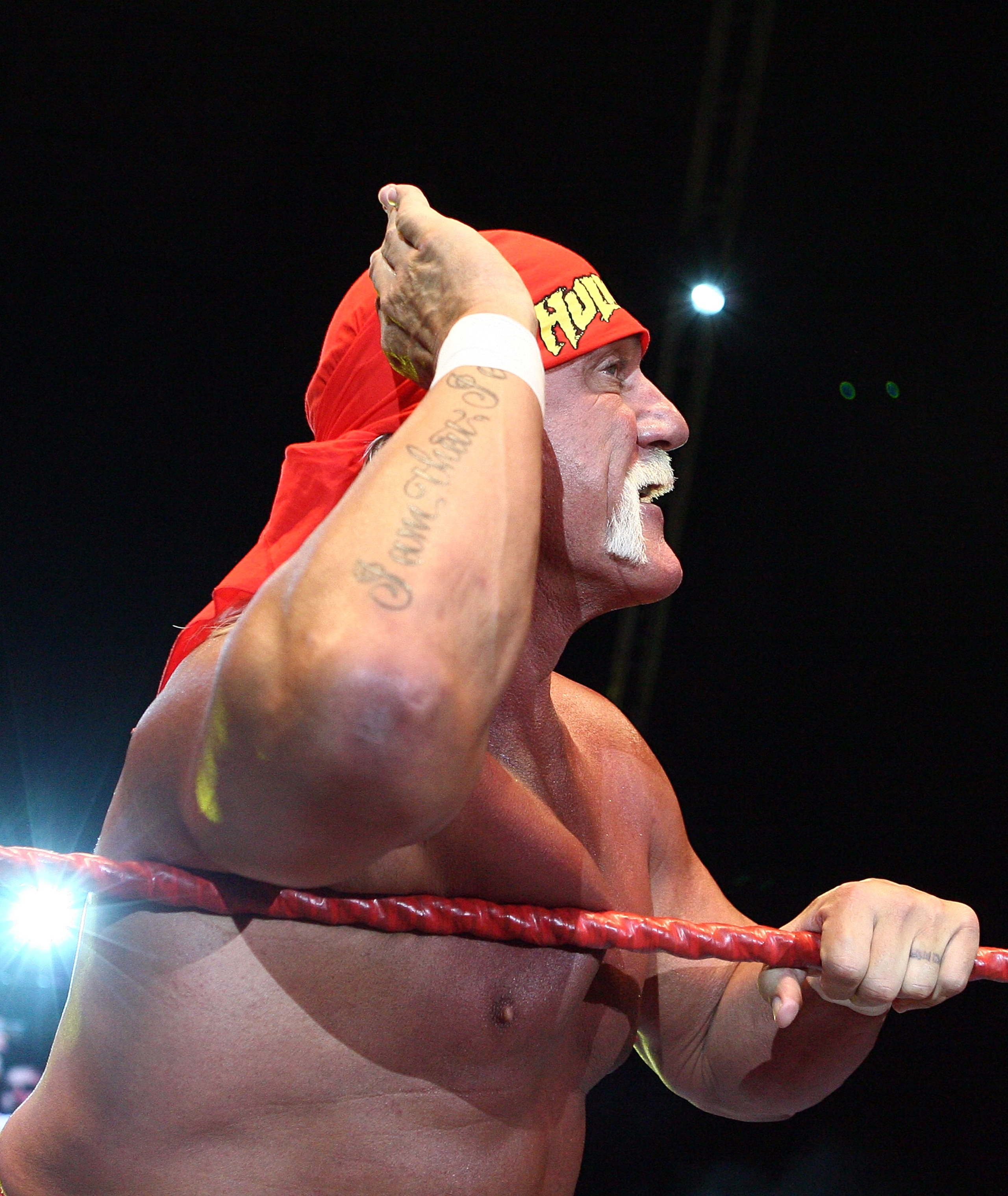 PERTH, AUSTRALIA - NOVEMBER 24:  Hulk Hogan gestures to the audience during his Hulkamania Tour at the Burswood Dome on November 24, 2009 in Perth, Australia.  (Photo by Paul Kane/Getty Images)