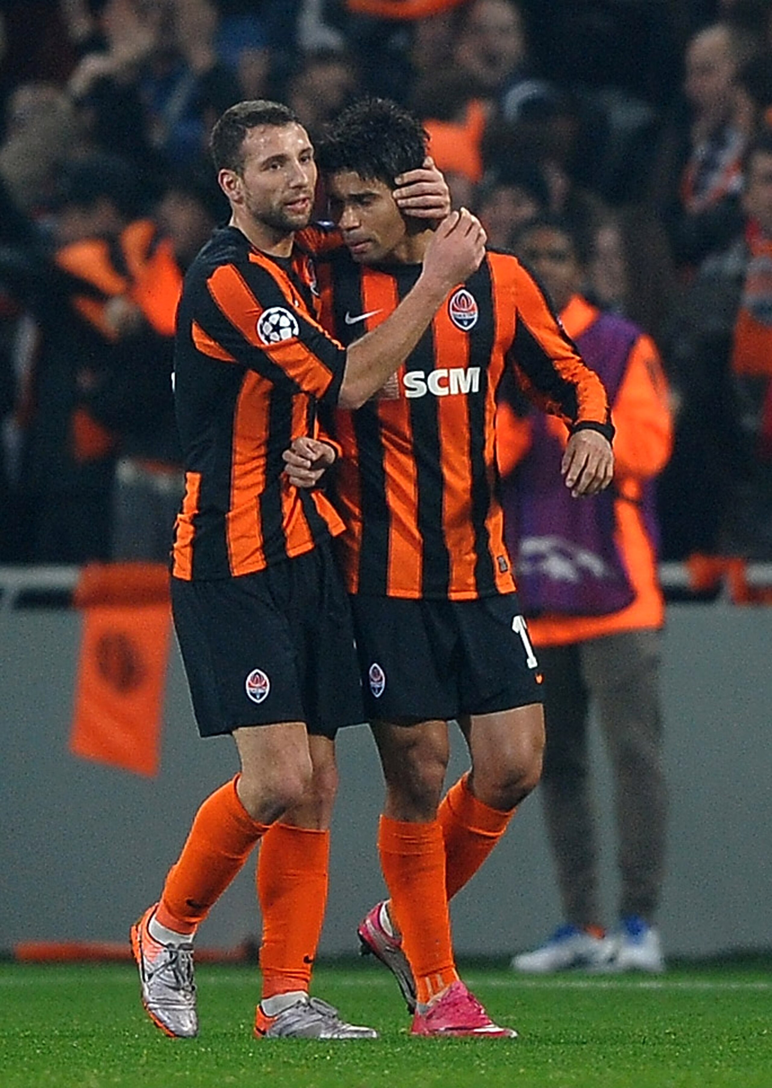 DONETSK, UKRAINE - NOVEMBER 03:  Eduardo of FC Shakhtar Donetsk is congratulated on the second goal during the Champions League Group H match between FC Shakhtar Donetsk and Arsenal at the Donbass Arena on November 3, 2010 in Donetsk, Ukraine.  (Photo by 