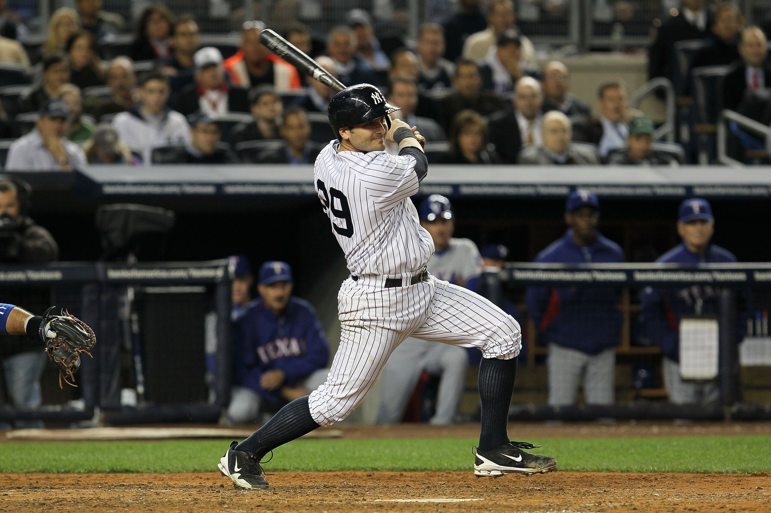 NEW YORK - OCTOBER 19:  Francisco Cervelli #29 of the New York Yankees bats against the Texas Rangers in Game Four of the ALCS during the 2010 MLB Playoffs at Yankee Stadium on October 19, 2010 in the Bronx borough of New York City. The Rangers won 10-3.
