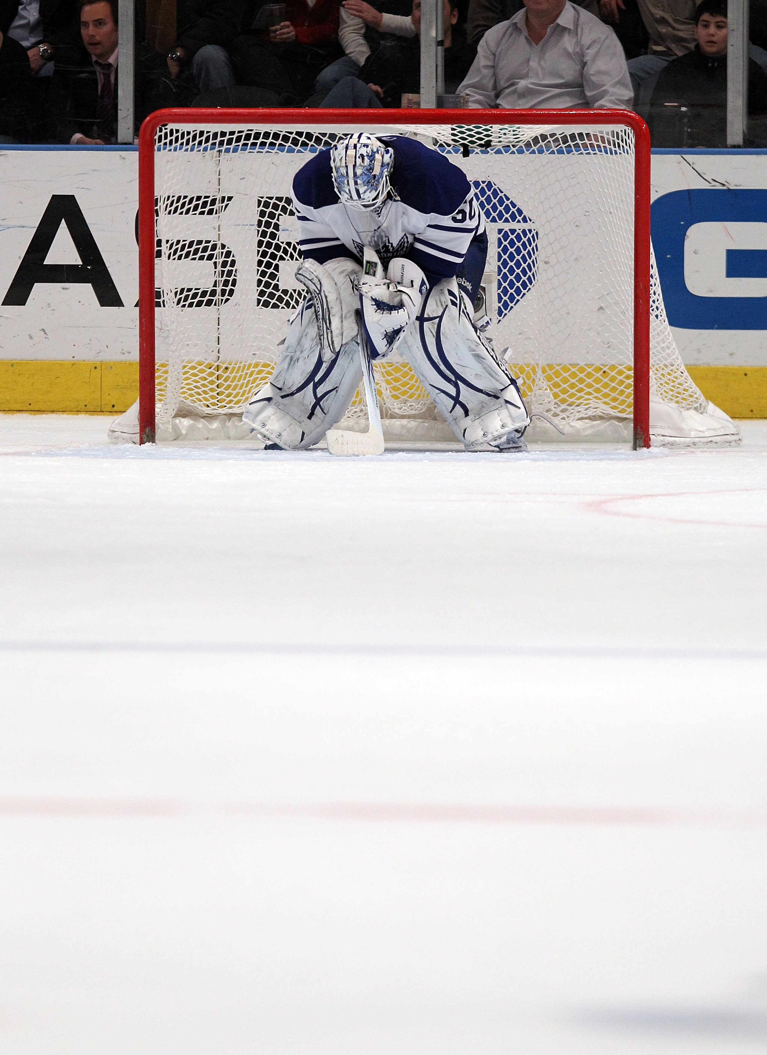 NEW YORK, NY - JANUARY 19: Jonas Gustavsson #50 of the Toronto Maple Leafs takes a break during his 7-0 loss to the New York Rangers at Madison Square Garden on January 19, 2011 in New York City. (Photo by Bruce Bennett/Getty Images)