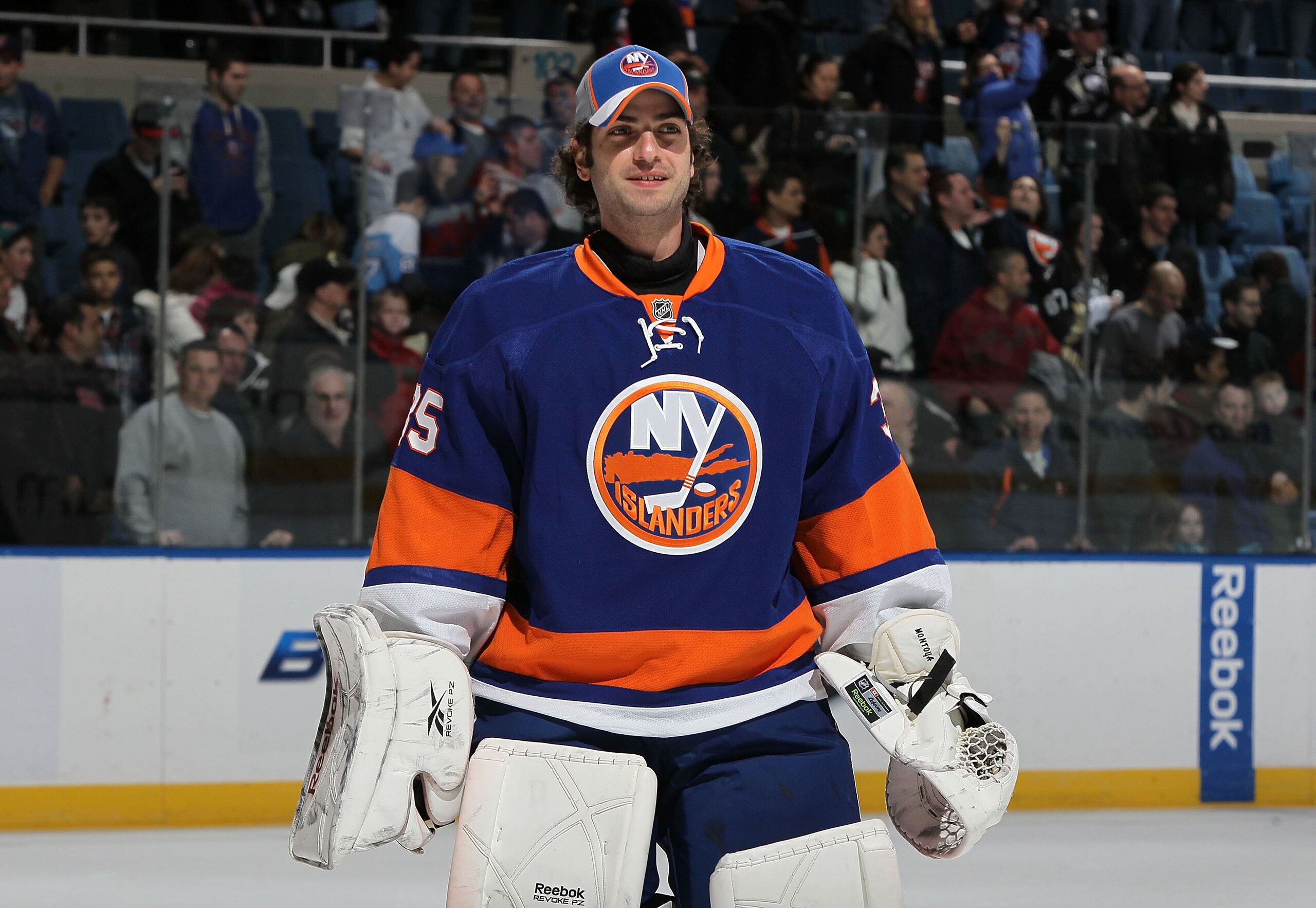 UNIONDALE, NY - FEBRUARY 11:  Al Montoya #35 of the New York Islanders looks on after defeating the Pittsburgh Penguins on February 11, 2011 at Nassau Coliseum in Uniondale, New York. The Isles defeated the Pens 9-3.  (Photo by Jim McIsaac/Getty Images)