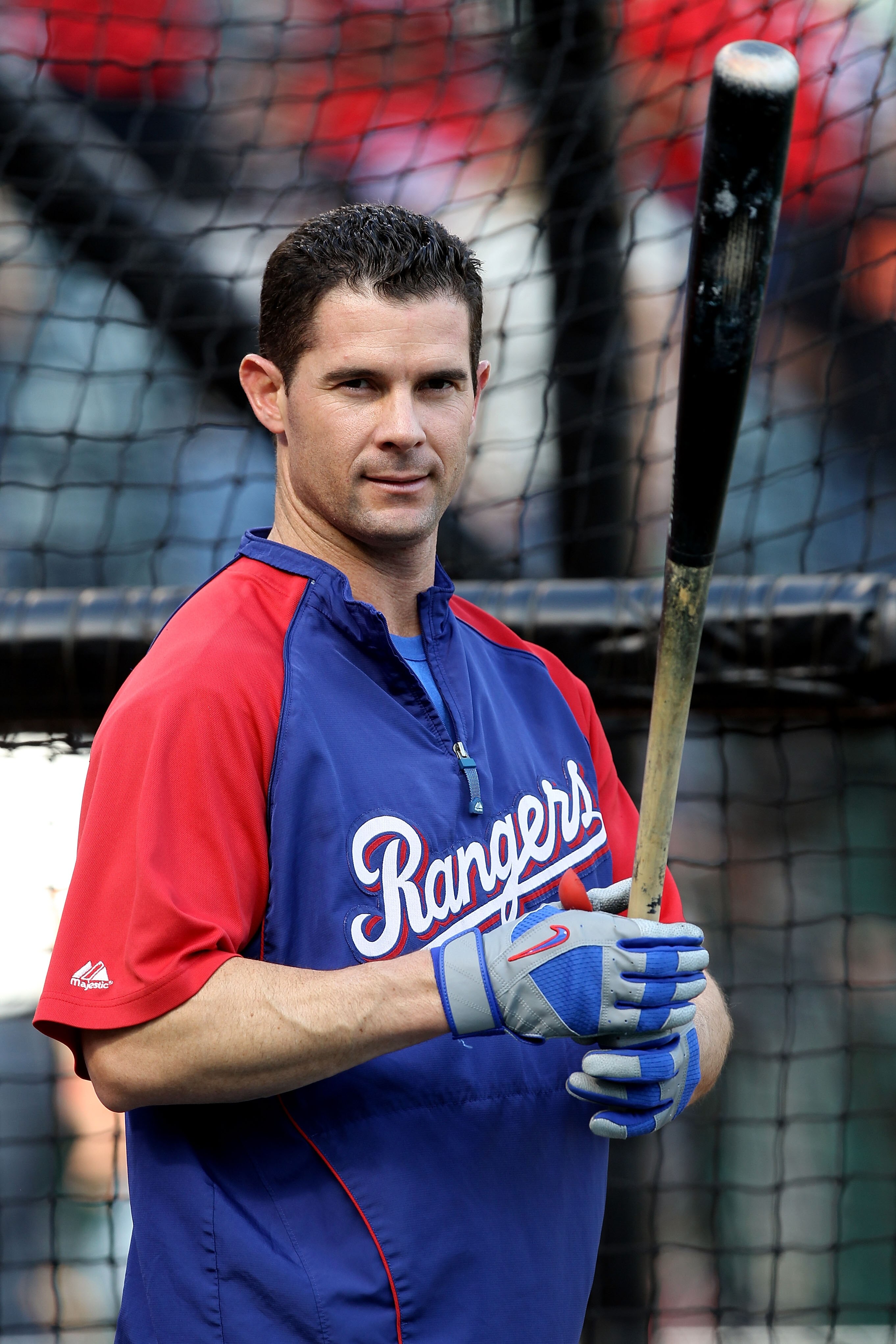 ARLINGTON, TX - OCTOBER 31:  Michael Young #10 of the Texas Rangers looks on during batting practice against the San Francisco Giants in Game Four of the 2010 MLB World Series at Rangers Ballpark in Arlington on October 31, 2010 in Arlington, Texas.  (Pho
