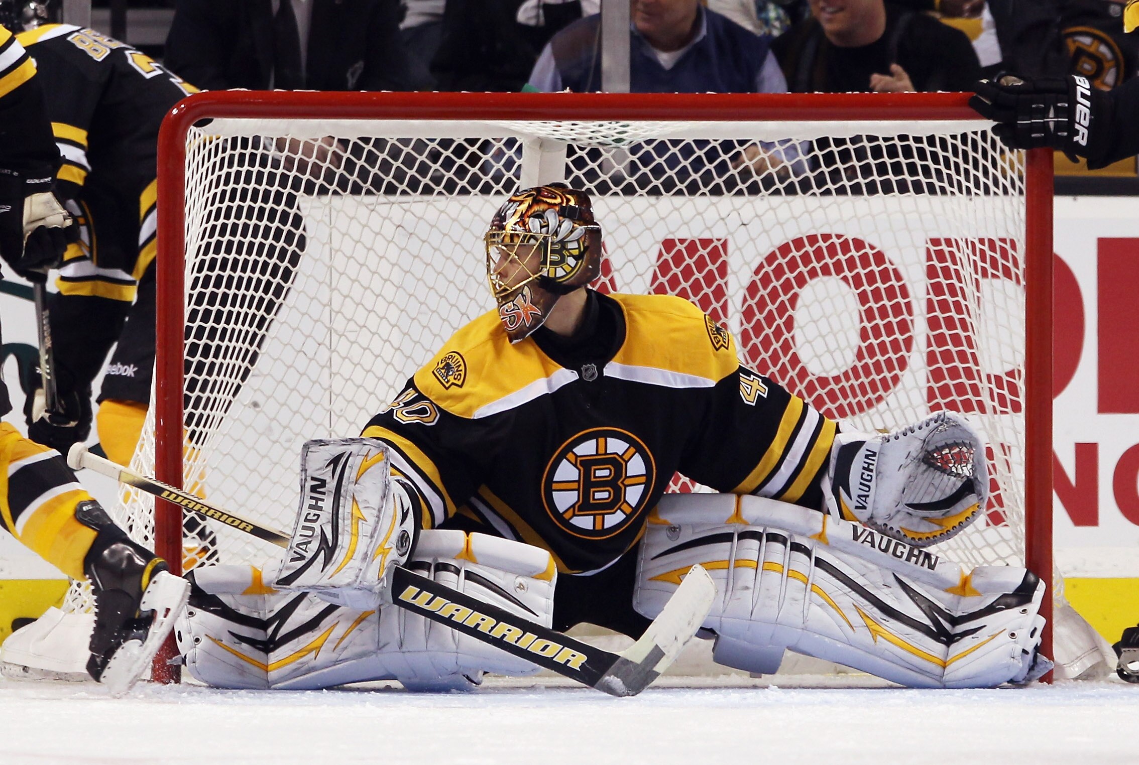 BOSTON - OCTOBER 23: Tuukka Rask #40 of the Boston Bruins spreads out to cover the net in his game against the New York Rangers at the TD Garden on October 23, 2010 in Boston, Massachusetts. The Rangers defeated the Bruins 3-2. (Photo by Bruce Bennett/Get
