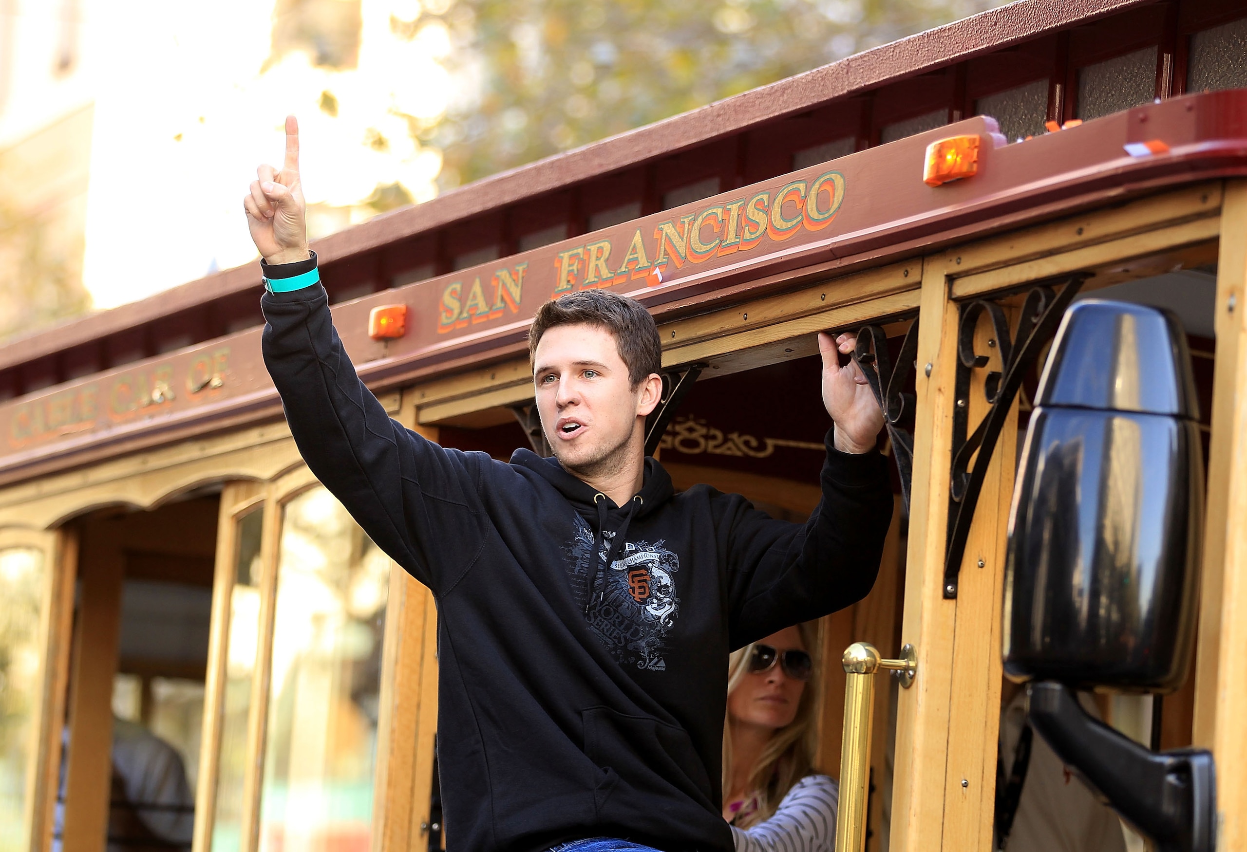 SAN FRANCISCO - NOVEMBER 03:  Buster Posey of the San Francisco Giants waves to the crowd during the San Francisco Giants victory parade on November 3, 2010 in San Francisco, California.  (Photo by Ezra Shaw/Getty Images)