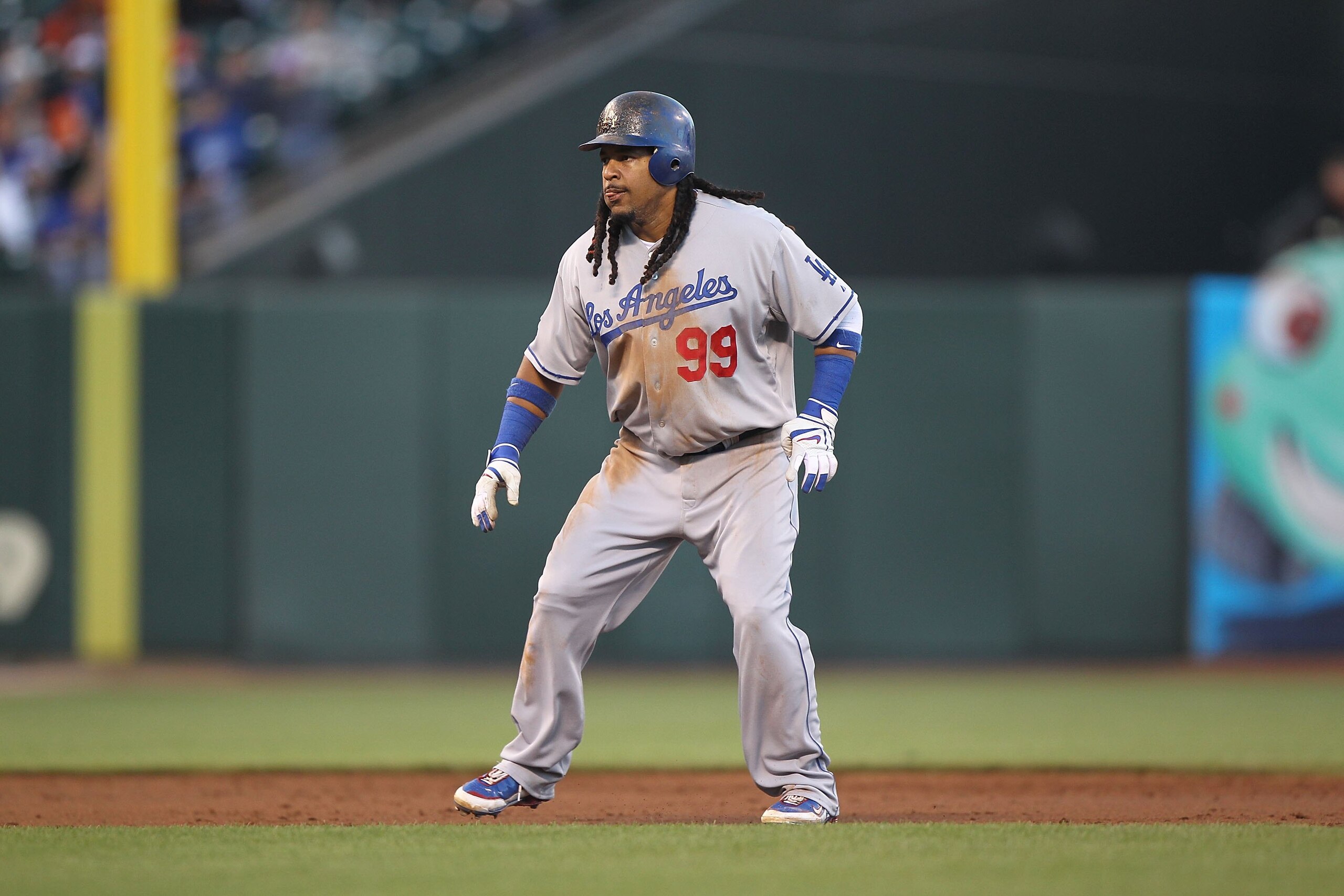 SAN FRANCISCO - JUNE 28:  Manny Ramirez #99  of the Los Angeles Dodgers in action against the San Francisco Giants during an MLB game at AT&T Park on June 28, 2010 in San Francisco, California.  (Photo by Jed Jacobsohn/Getty Images)