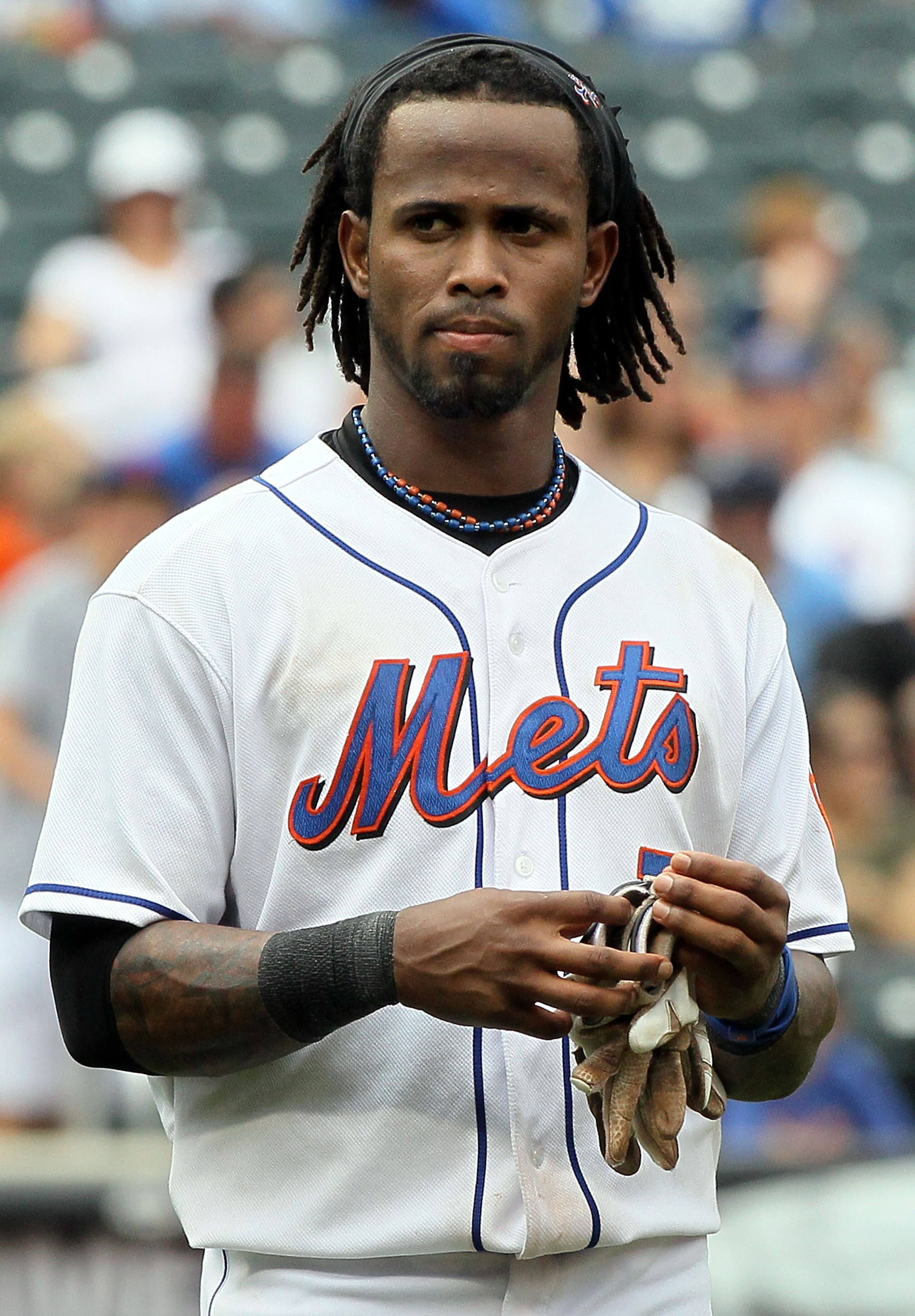NEW YORK - JULY 29:  Jose Reyes #7 of the New York Mets looks on against the St. Louis Cardinals on July 29, 2010 at Citi Field in the Flushing neighborhood of the Queens borough of New York City. The Mets defeated the Cardinals 4-0.  (Photo by Jim McIsaa