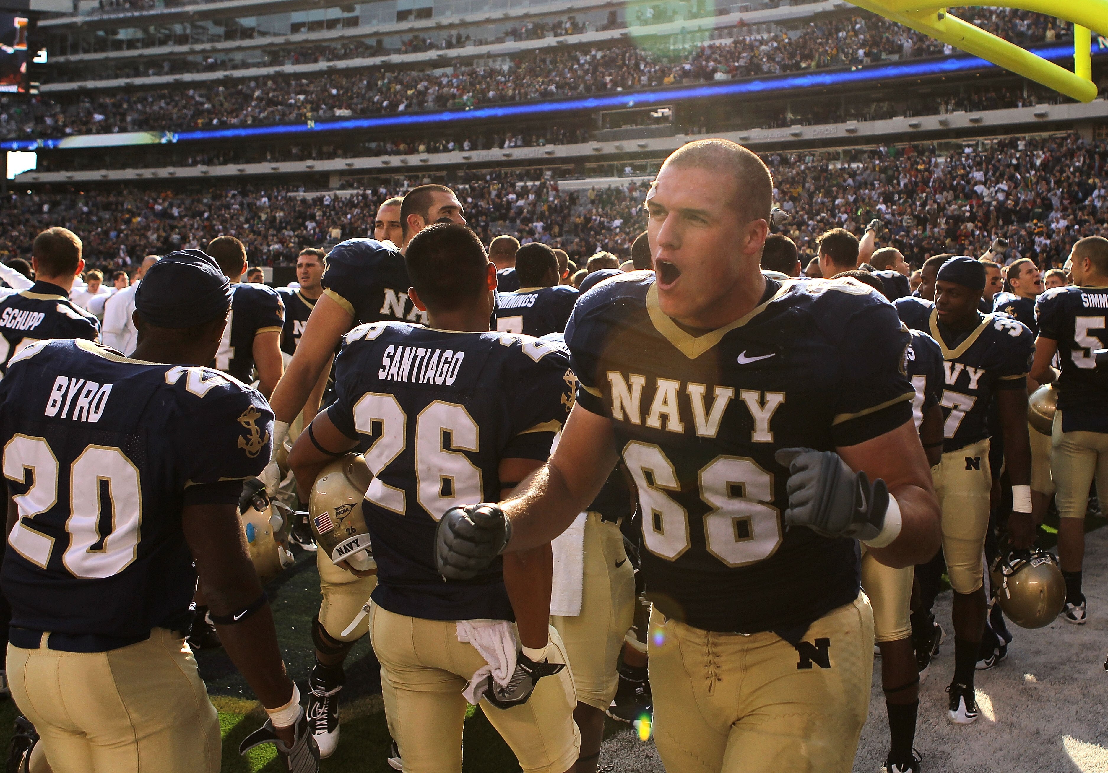 EAST RUTHERFORD, NJ - OCTOBER 23: John Dowd #68 of the Navy Midshipmen celebrates the win after the game against the Notre Dame Fighting Irish at New Meadowlands Stadium on October 23, 2010 in East Rutherford, New Jersey.  (Photo by Nick Laham/Getty Image