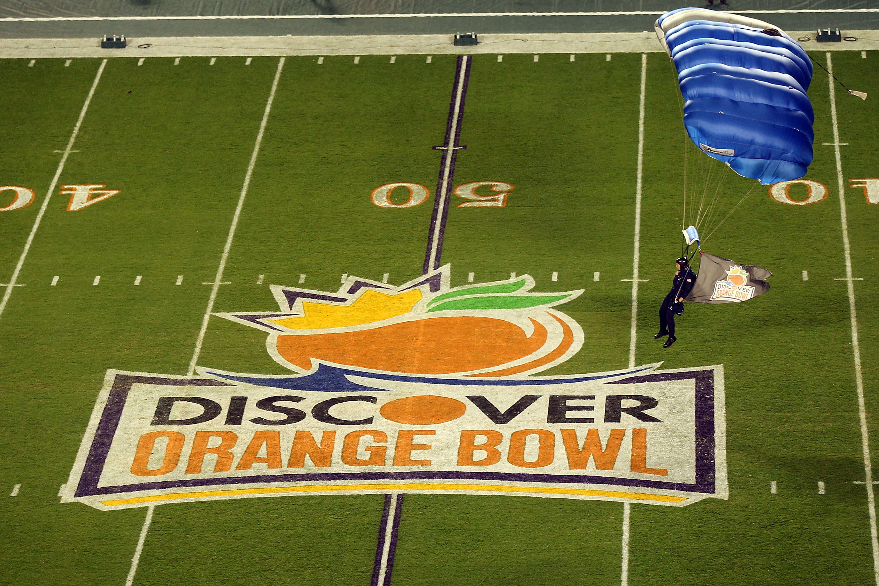 MIAMI, FL - JANUARY 03:  An aerialist parachutes onto the field prior to the Stanford Cardinal playing against the Virginia Tech Hokies during the 2011 Discover Orange Bowl at Sun Life Stadium on January 3, 2011 in Miami, Florida.  (Photo by Mike Ehrmann/