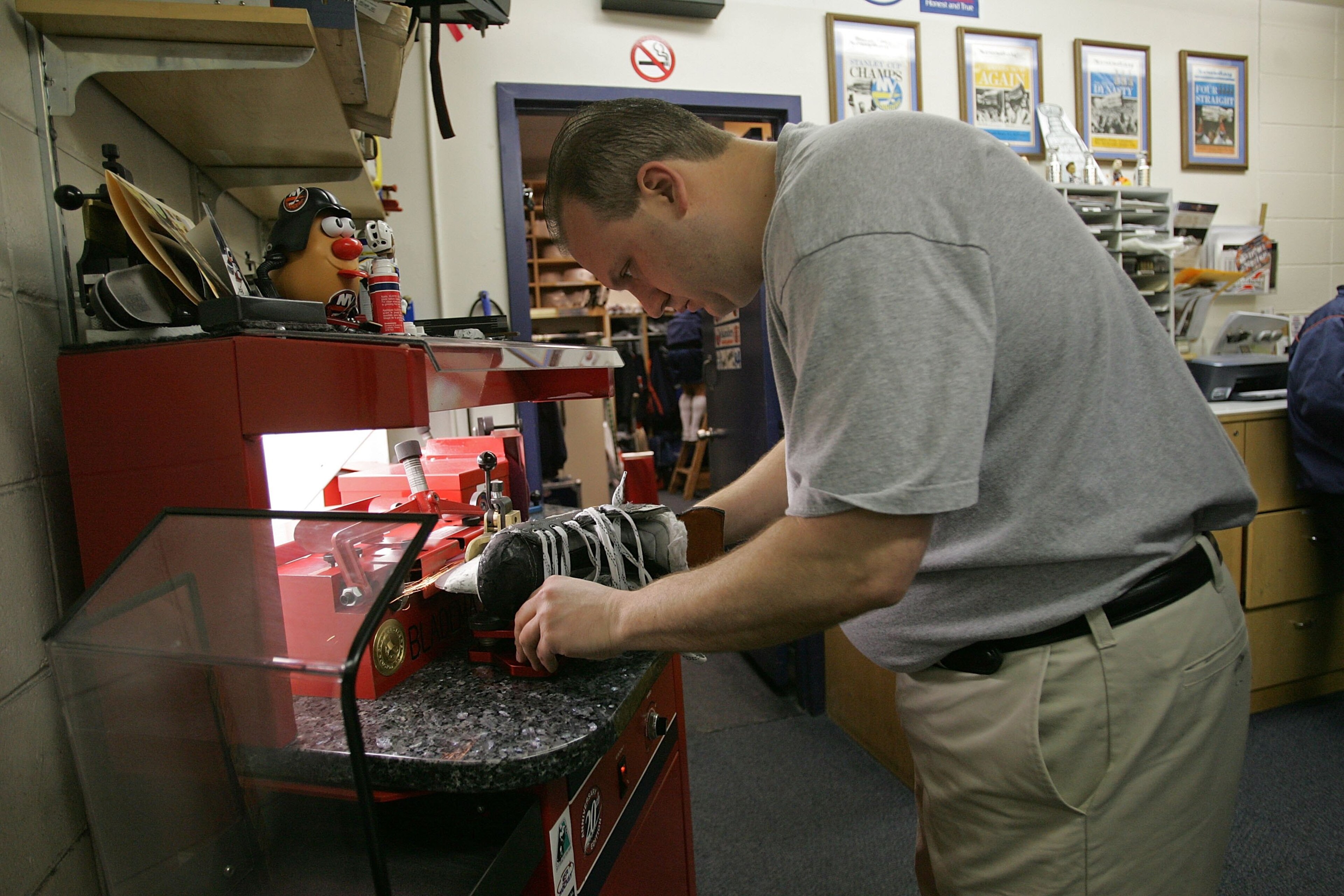 UNIONDALE, NY - MARCH 18: Assistant equipment manager Richard 'Shakey' Krouse of the New York Islanders sharpens skates at the morning skate on March 18, 2008 at the Nassau Coliseum in Uniondale, New York. (Photo by Bruce Bennett/Getty Images) UNIONDALE, NY - MARCH 18: Assistant equipment manager Richard 'Shakey' Krouse of the New York Islanders sharpens skates at the morning skate on March 18, 2008 at the Nassau Coliseum in Uniondale, New York. (Photo by Bruce Bennett/Getty Images)