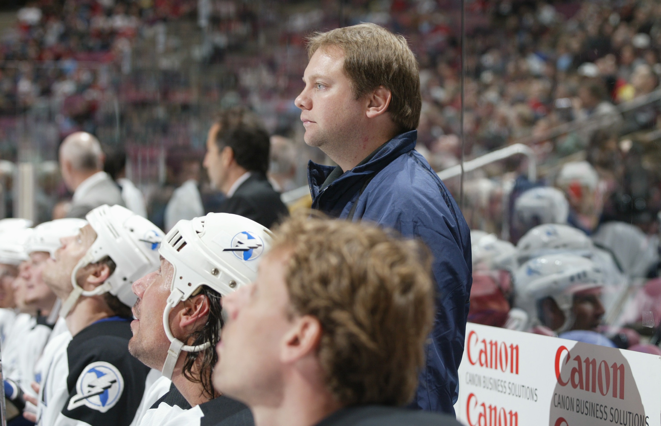 EAST RUTHERFORD, NJ - OCTOBER 26: Assistant equipment manager Dana Heinze of the Tampa Bay Lightning looks on against the New Jersey Devils during a game at the Continental Airlines Arena on October 26, 2005 in East Rutherford, New Jersey. The Lightning EAST RUTHERFORD, NJ - OCTOBER 26: Assistant equipment manager Dana Heinze of the Tampa Bay Lightning looks on against the New Jersey Devils during a game at the Continental Airlines Arena on October 26, 2005 in East Rutherford, New Jersey. The Lightning