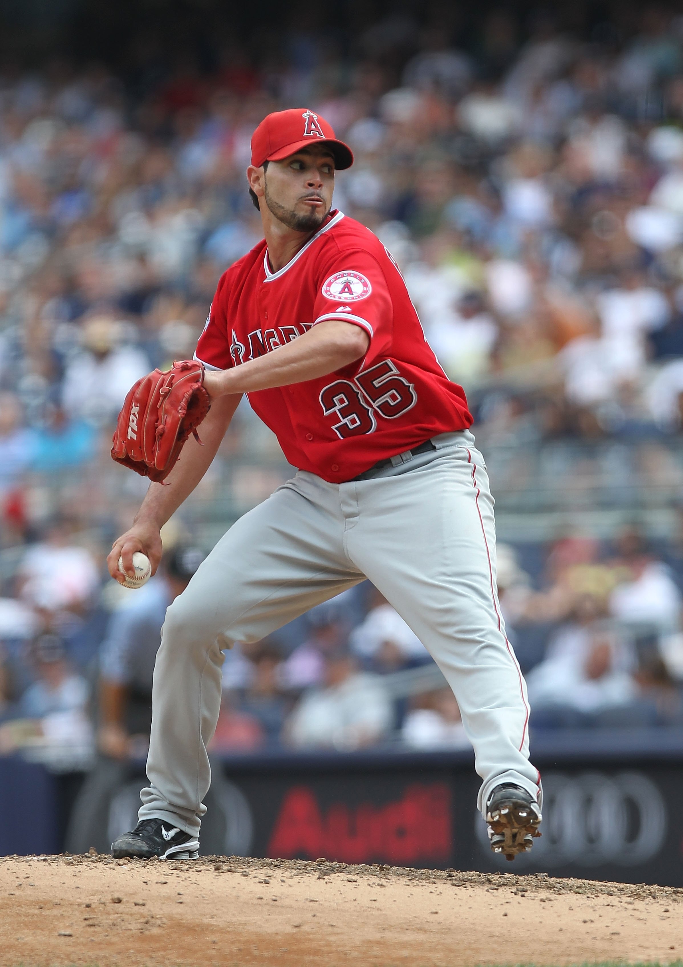 NEW YORK - JULY 21:  Joel Pineiro #35 of the Los Angeles Angels of Anaheim pitches against the New York Yankees at Yankee Stadium on July 21, 2010 in the Bronx borough of New York City.  (Photo by Nick Laham/Getty Images)