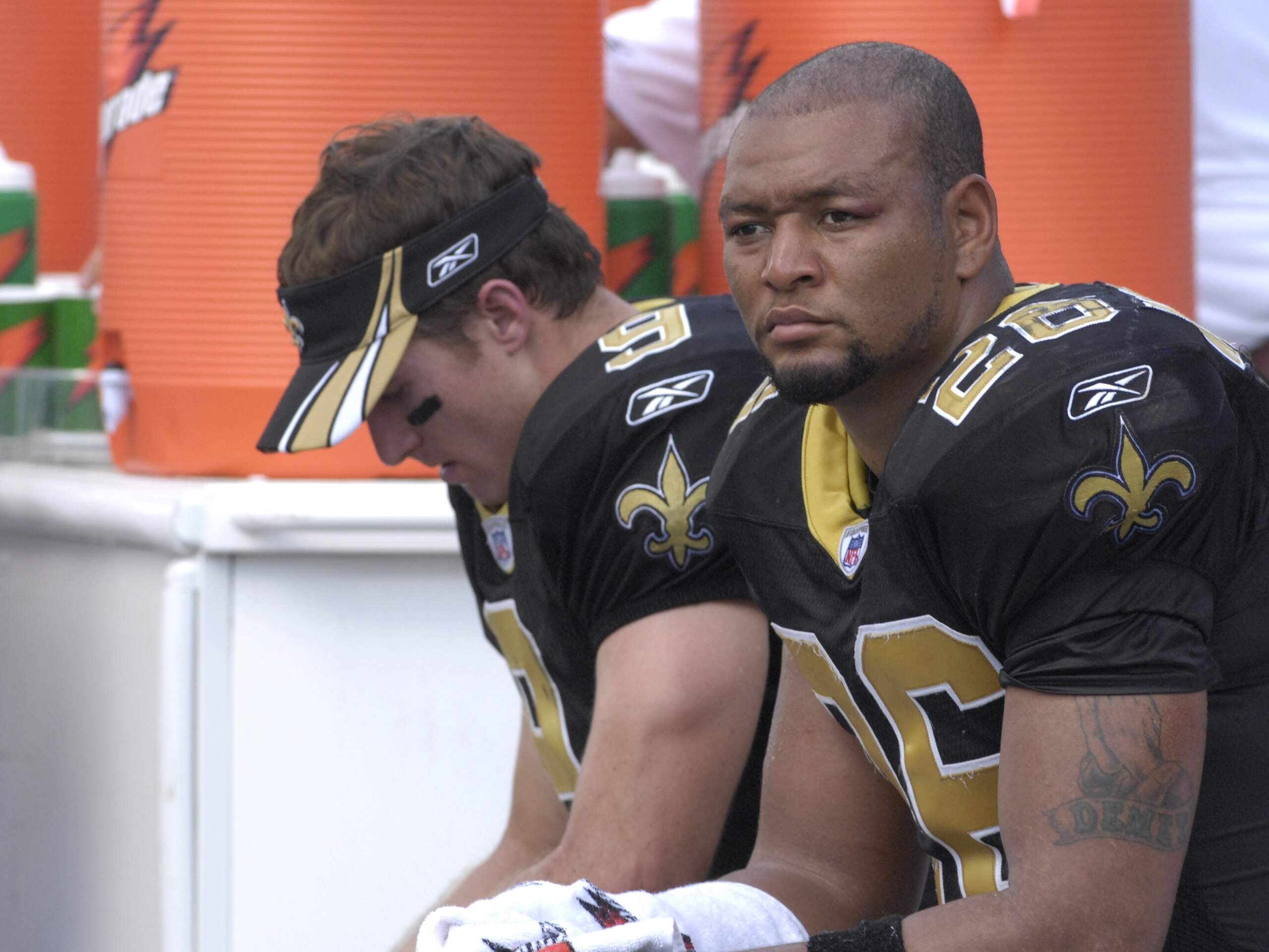 TAMPA, FL - SEPTEMBER 16: Quarterback Drew Brees #9 and running back Deuce McAllister #26 of the New Orleans Saints show late-game dejection after play against the Tampa Bay Buccaneers during a week-two NFL game on September 16, 2007 in Tampa, Florida. TAMPA, FL - SEPTEMBER 16: Quarterback Drew Brees #9 and running back Deuce McAllister #26 of the New Orleans Saints show late-game dejection after play against the Tampa Bay Buccaneers during a week-two NFL game on September 16, 2007 in Tampa, Florida.