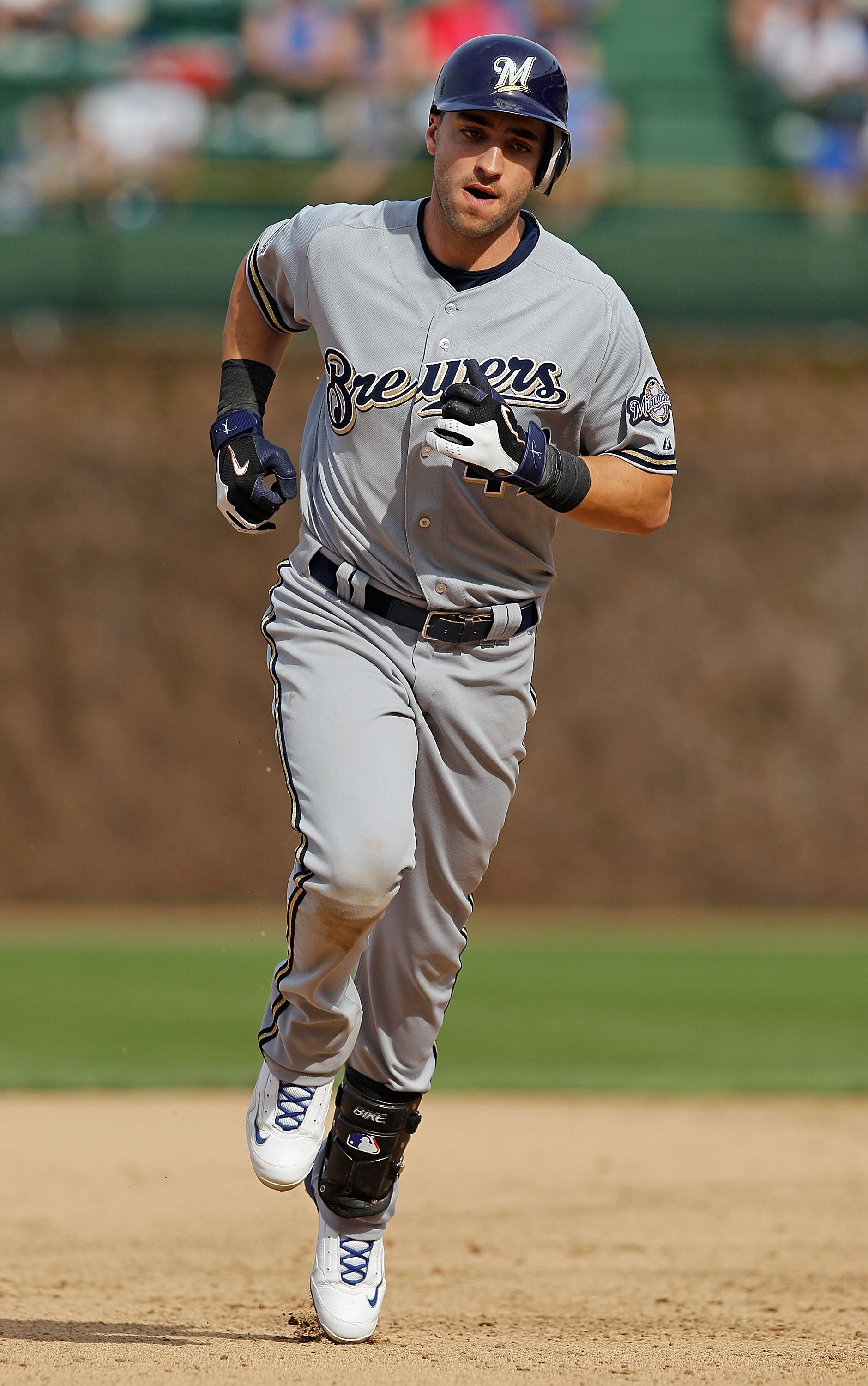 CHICAGO - APRIL 15: Ryan Braun of the Milwaukee Brewers, wearing a number 42 jersey in honor of Jackie Robinson, runs the bases after hitting a home run in the 8th inning against the Chicago Cubs at Wrigley Field on April 15, 2010 in Chicago, Illinois. Th