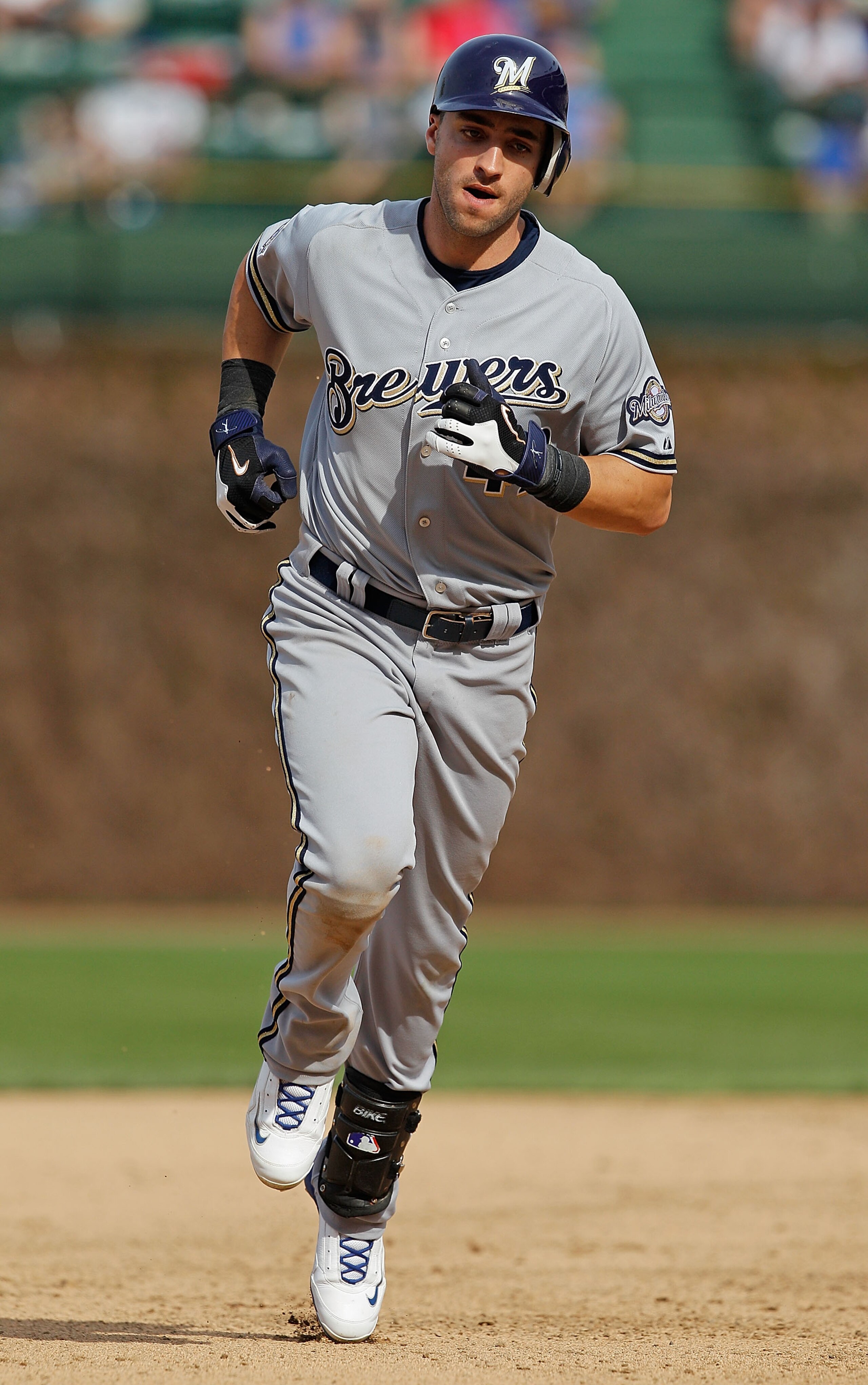 CHICAGO - APRIL 15: Ryan Braun of the Milwaukee Brewers, wearing a number 42 jersey in honor of Jackie Robinson, runs the bases after hitting a home run in the 8th inning against the Chicago Cubs at Wrigley Field on April 15, 2010 in Chicago, Illinois. Th
