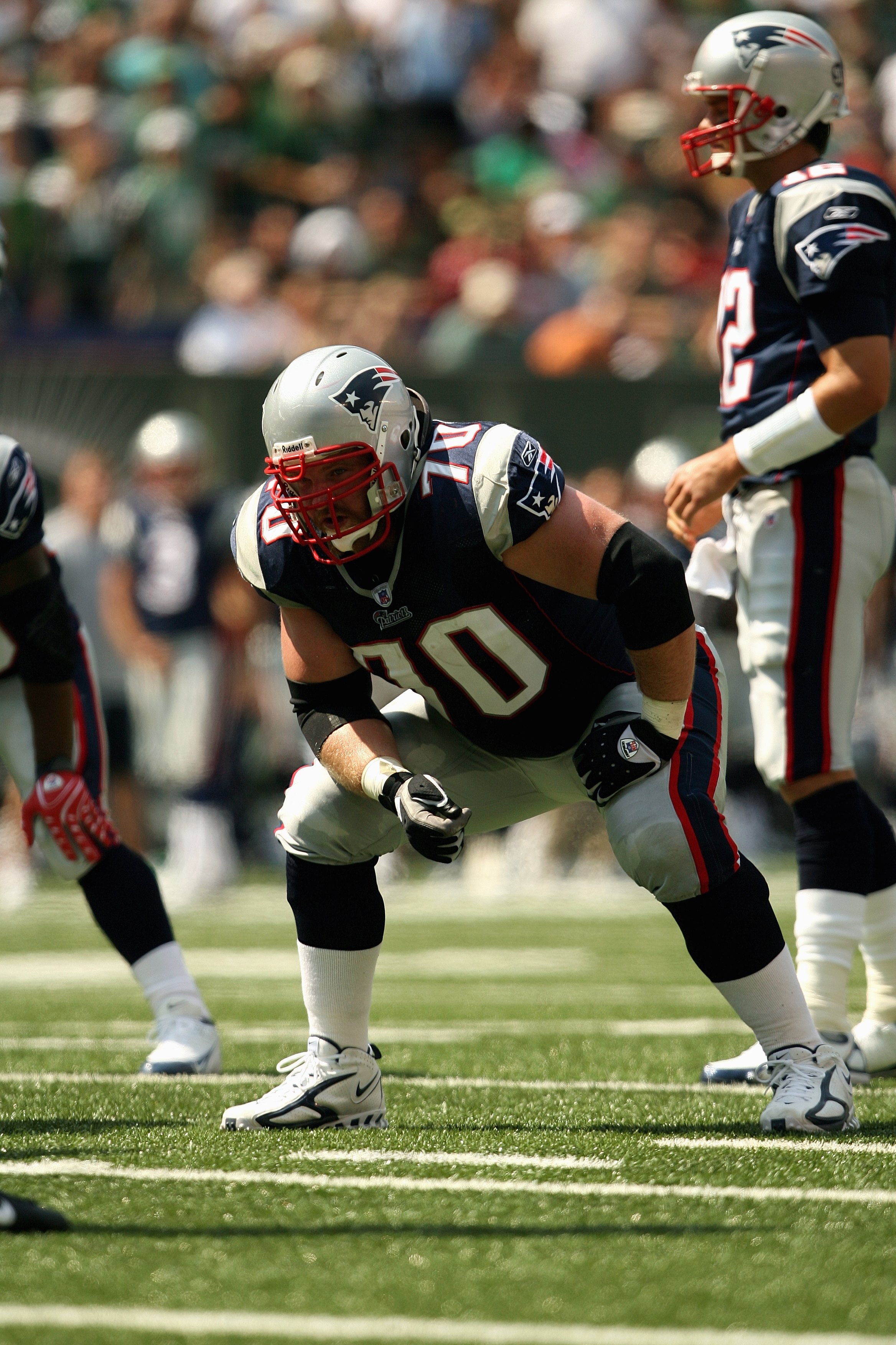 EAST RUTHERFORD, NJ - SEPTEMBER 09: Logan Mankins #70 of the New England Patriots stands on the field against the New York Jets during the NFL game on September 9, 2007 at Giants Stadium in East Rutherford, New Jersey. The Patriots defeated the Jets 38-14