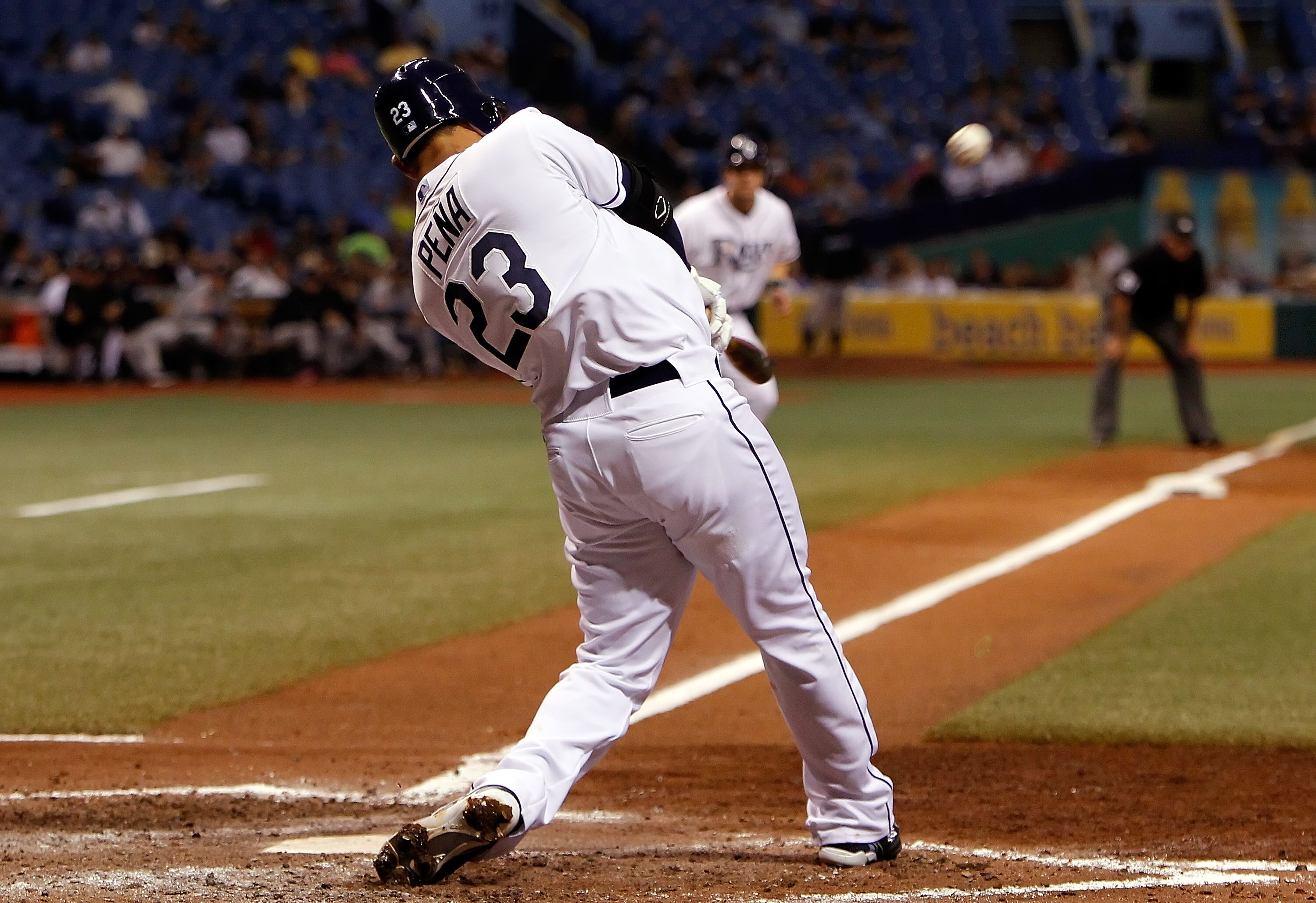 ST. PETERSBURG - JUNE 08:  Carlos Pena #23 of the Tampa Bay Rays hits a grand slam in the fifth inning against the Toronto Blue Jays during the game at Tropicana Field on June 8, 2010 in St. Petersburg, Florida.  (Photo by J. Meric/Getty Images)