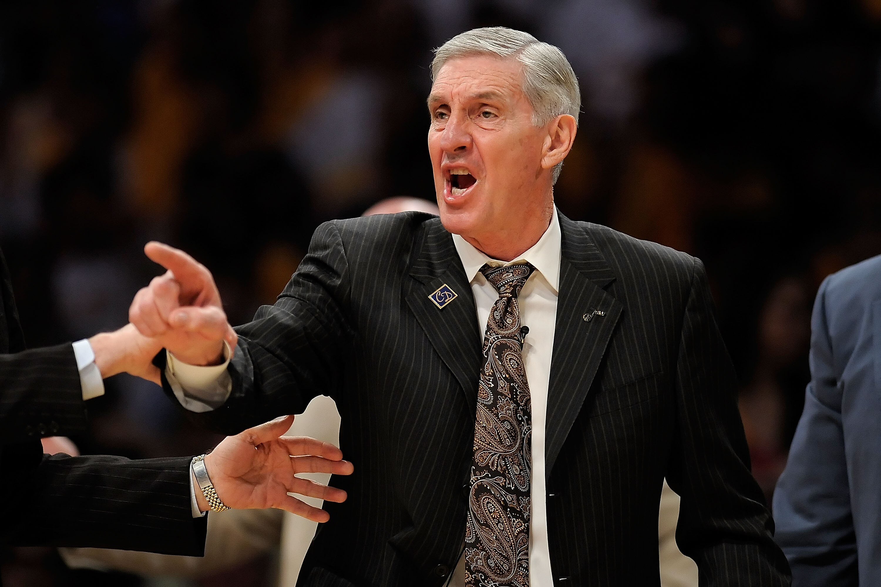 LOS ANGELES, CA - APRIL 19:  Head coach Jerry Sloan of the Utah Jazz argues a call and receives a technical foul in the first quarter against the Los Angeles Lakers in Game One of the Western Conference Quarterfinals during the 2009 NBA Playoffs at Staple
