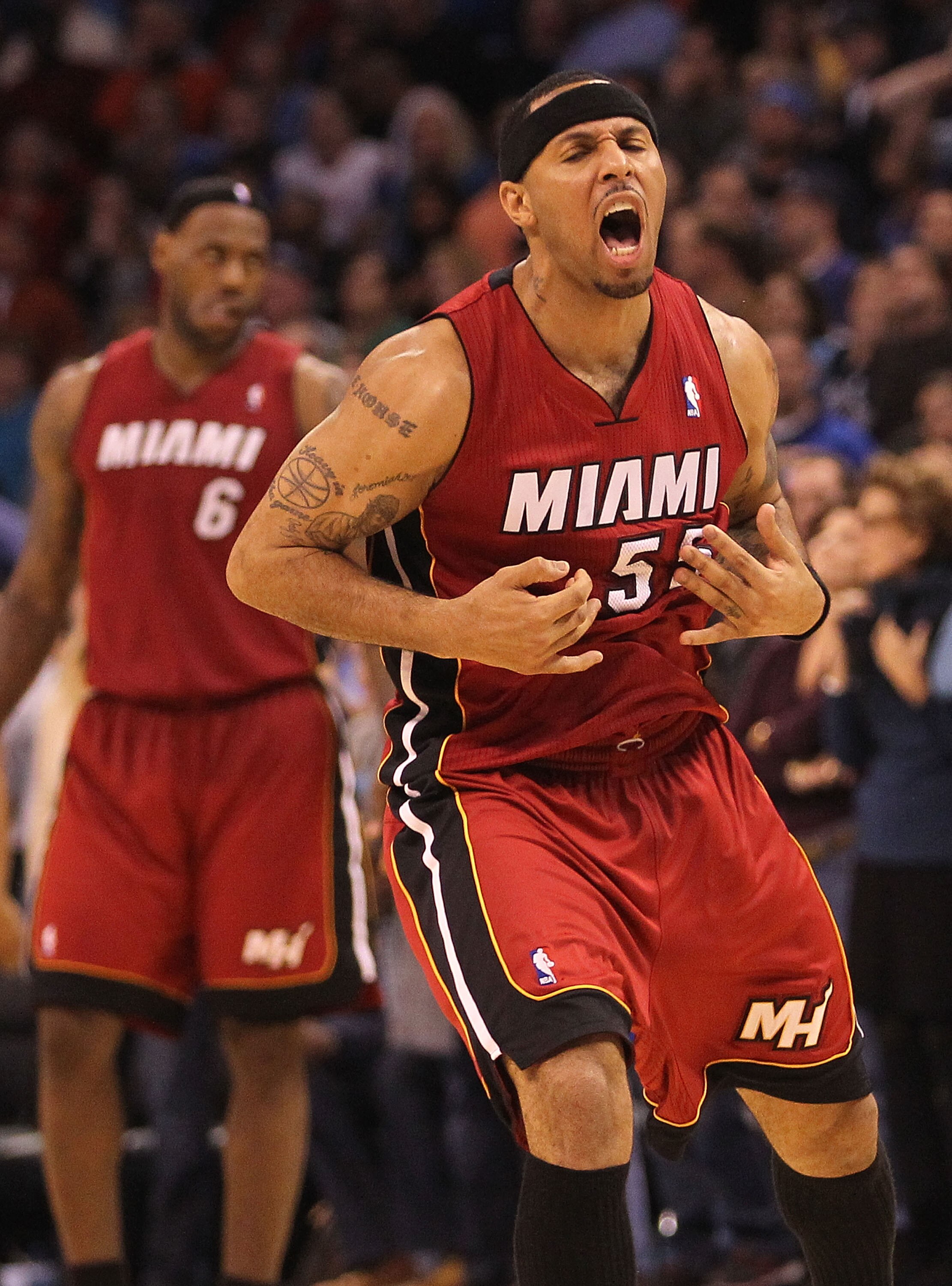 OKLAHOMA CITY, OK - JANUARY 30:  Guard Eddie House #55 of the Miami Heat celebrates after making a three-point shot during a 108-103 win against the Oklahoma City Thunder at Ford Center on January 30, 2011 in Oklahoma City, Oklahoma.  NOTE TO USER: User e