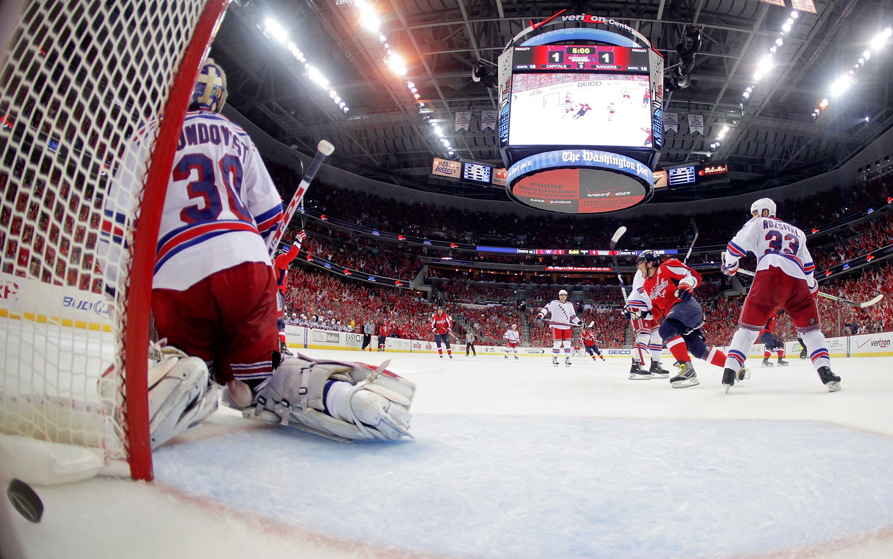 WASHINGTON - APRIL 28:  Alex Ovechkin #8 and Sergei Fedorov #91 of the Washington Capitals celebrates the game winning goal against Henrik Lundquvist #30 of the New York Rangers during Game Seven of the Eastern Conference Quarterfinal Round of the 2009 St