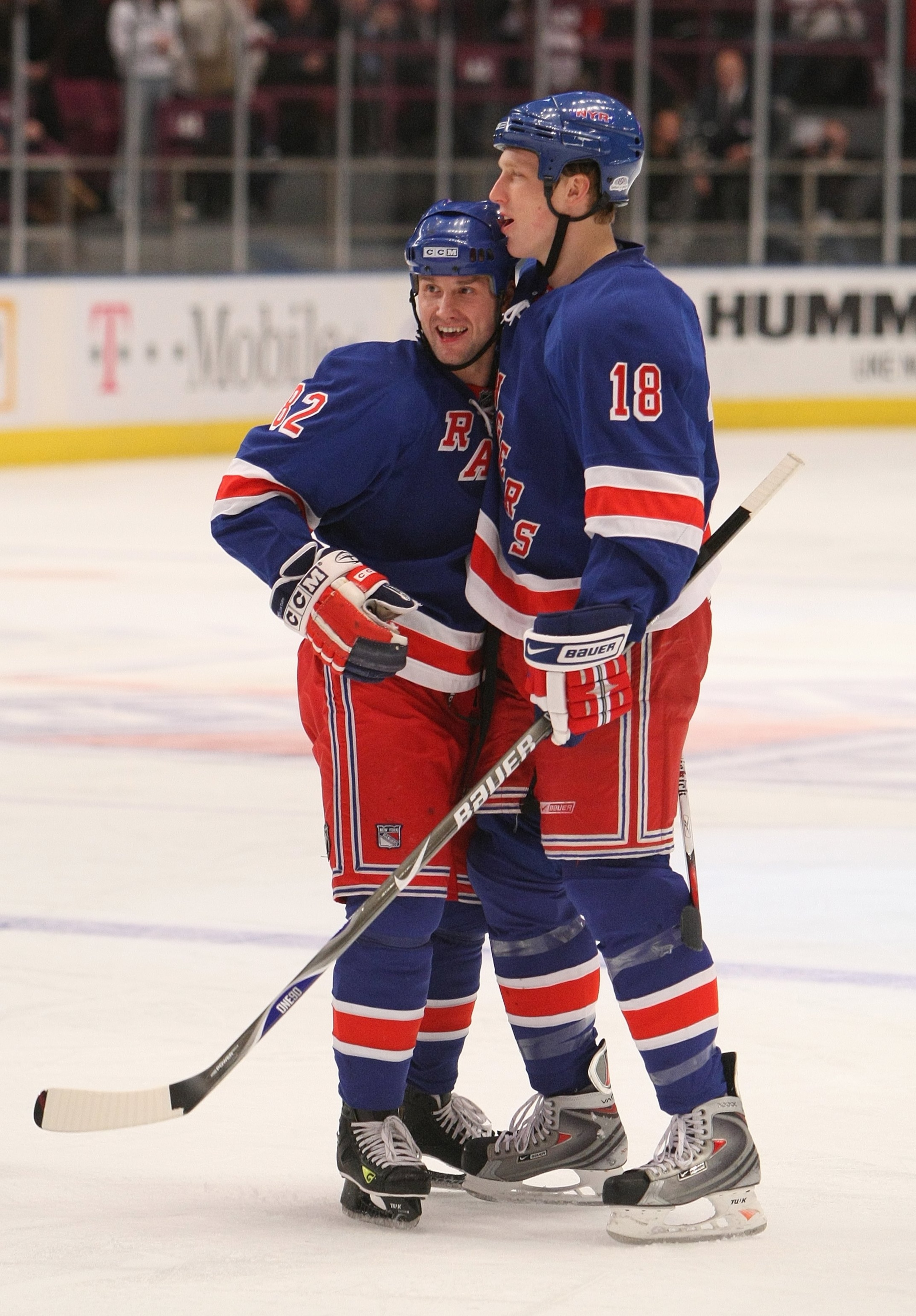 NEW YORK - DECEMBER 18:  Martin Straka #82 and Marc Stall #18 of the New York Rangers celebrate a goal against the Pittsburgh Penguins on December 18, 2007 at Madison Square Garden in New York, New York. (Photo by Al Bello/Getty Images)