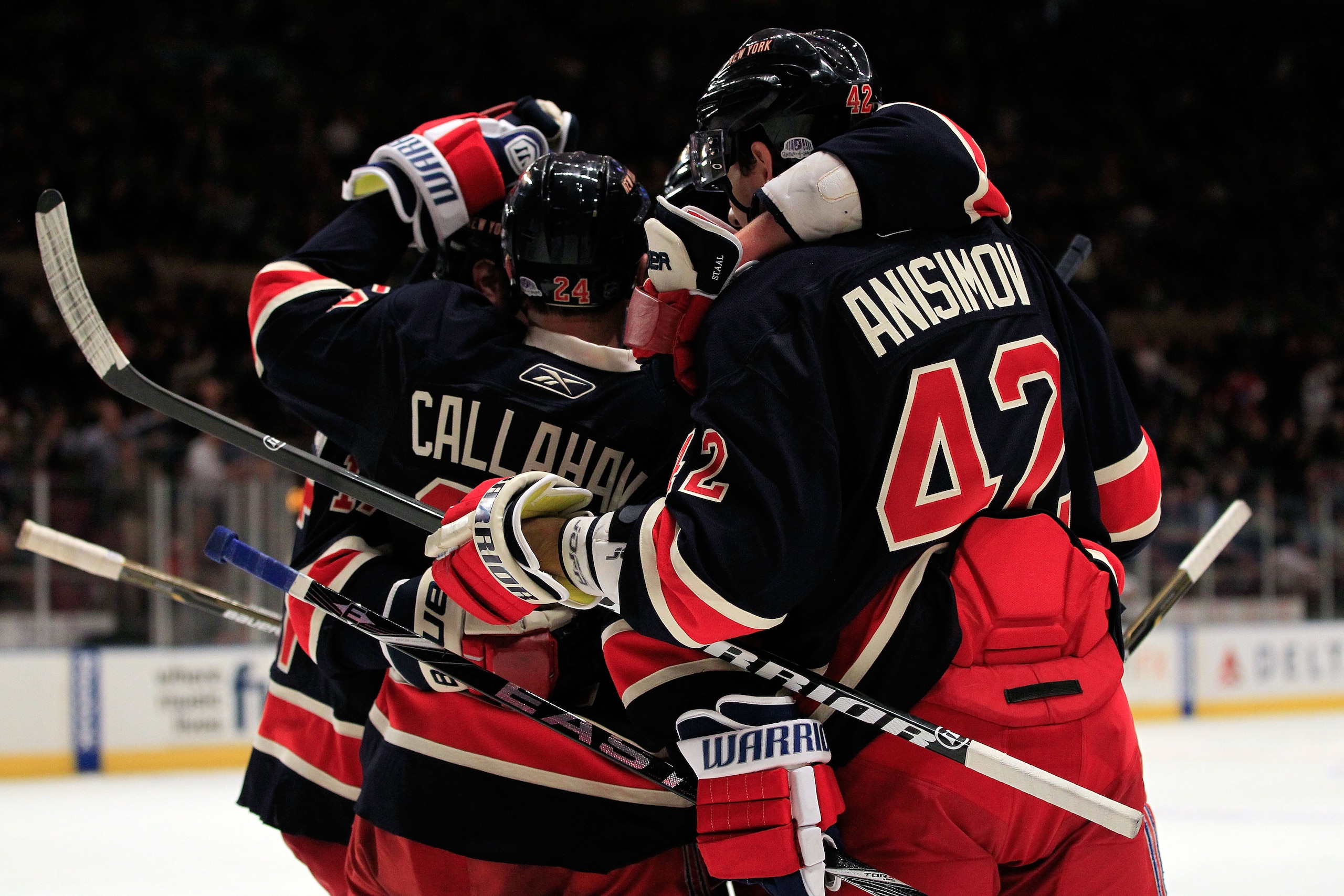 NEW YORK, NY - FEBRUARY 13:  Ryan Callahan #24 of the New York Rangers celebrates his second period goal with his teammates against the Pittsburgh Penguins at Madison Square Garden on February 13, 2011 in New York City. The Rangers defeated the Penguins 5