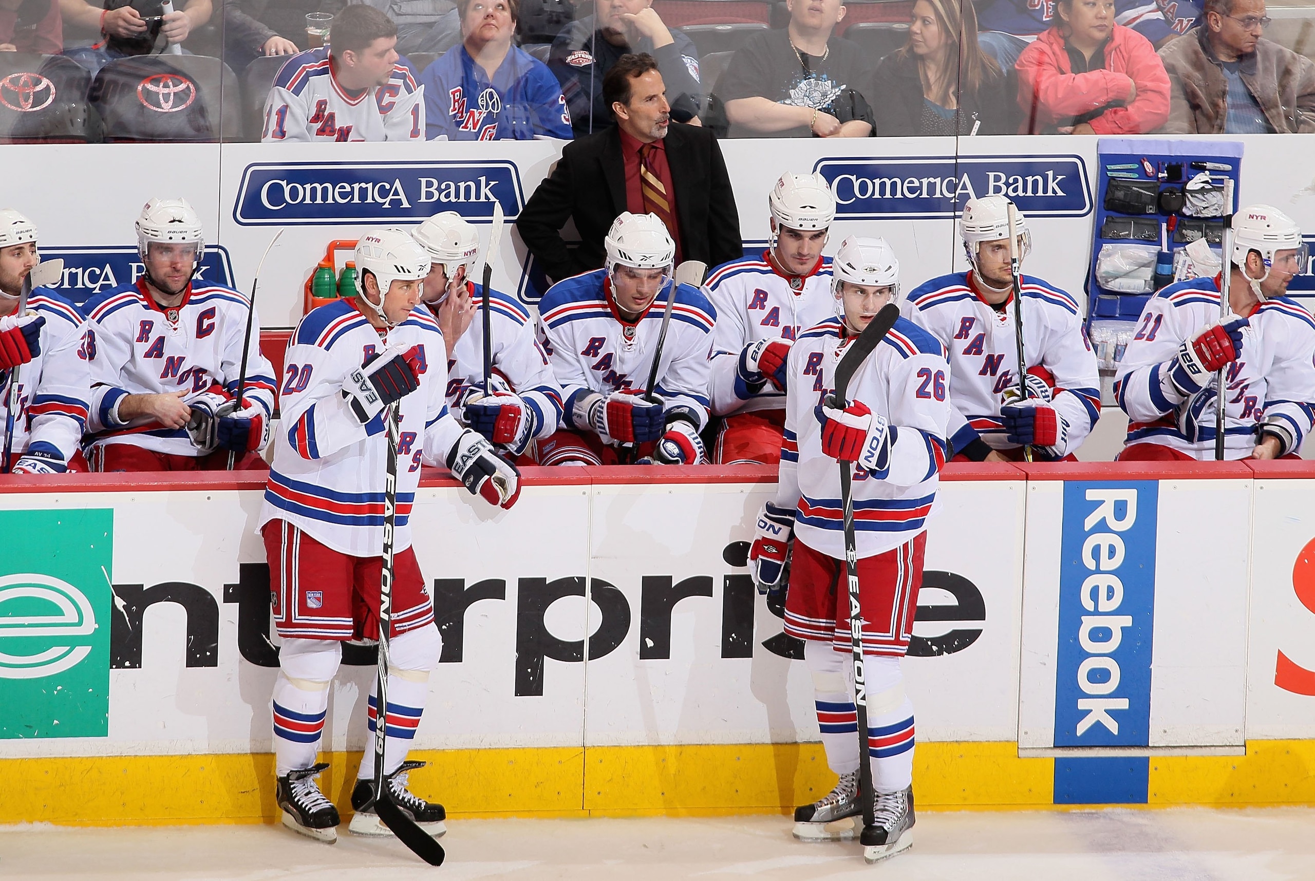 GLENDALE, AZ - JANUARY 30:  Vaclav Prospal #20, John Tortorella, and Erik Christensen #26 of the New York Rangers during the NHL game against the Phoenix Coyotes at Jobing.com Arena on January 30, 2010 in Glendale, Arizona.  The Coyotes defeated the Range