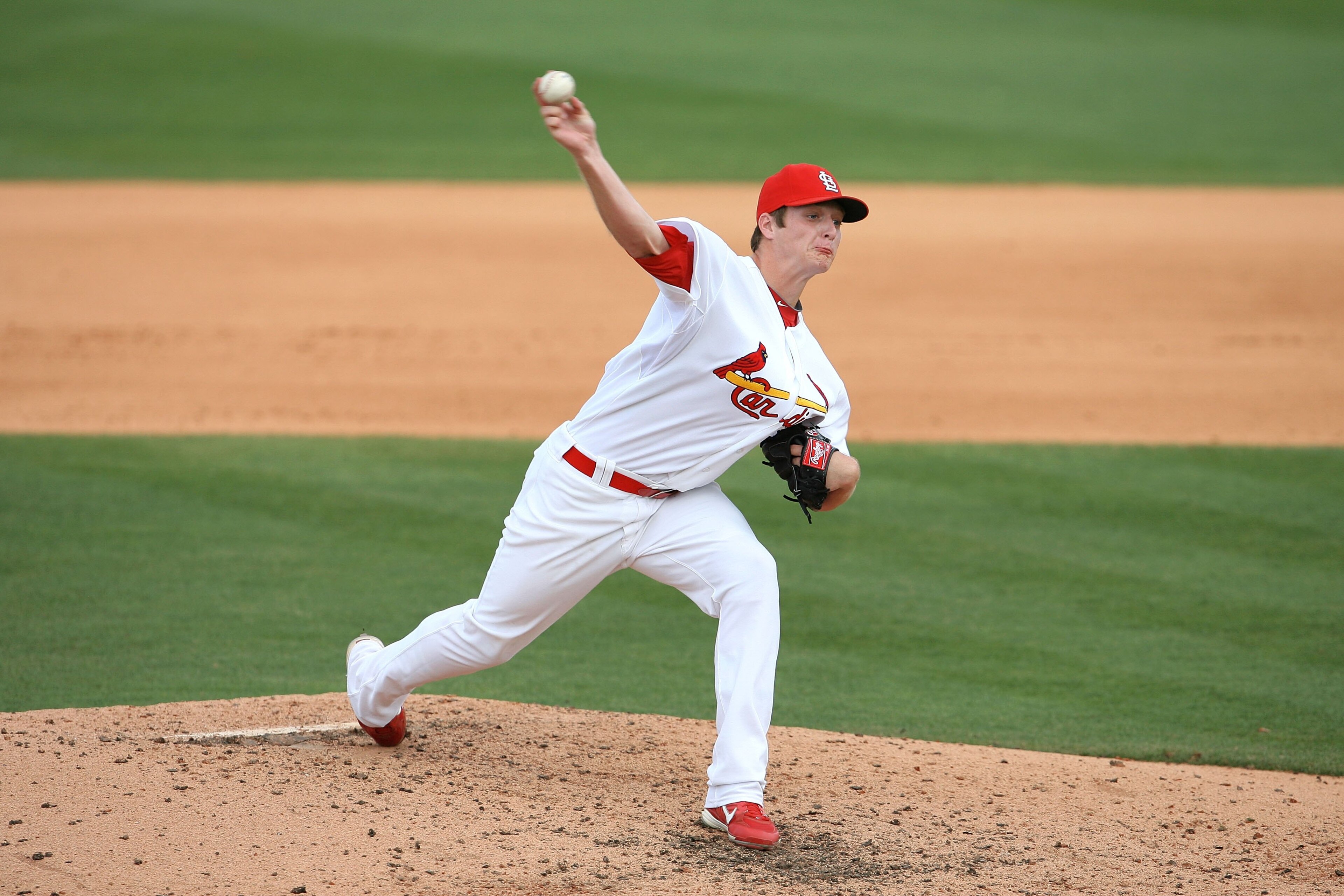 JUPITER, FL - MARCH 10:  Relief pitcher Shelby Miller #91 of the St Louis Cardinals pitches against the Washington Nationals at Roger Dean Stadium on March 10, 2010 in Jupiter, Florida.  (Photo by Doug Benc/Getty Images)