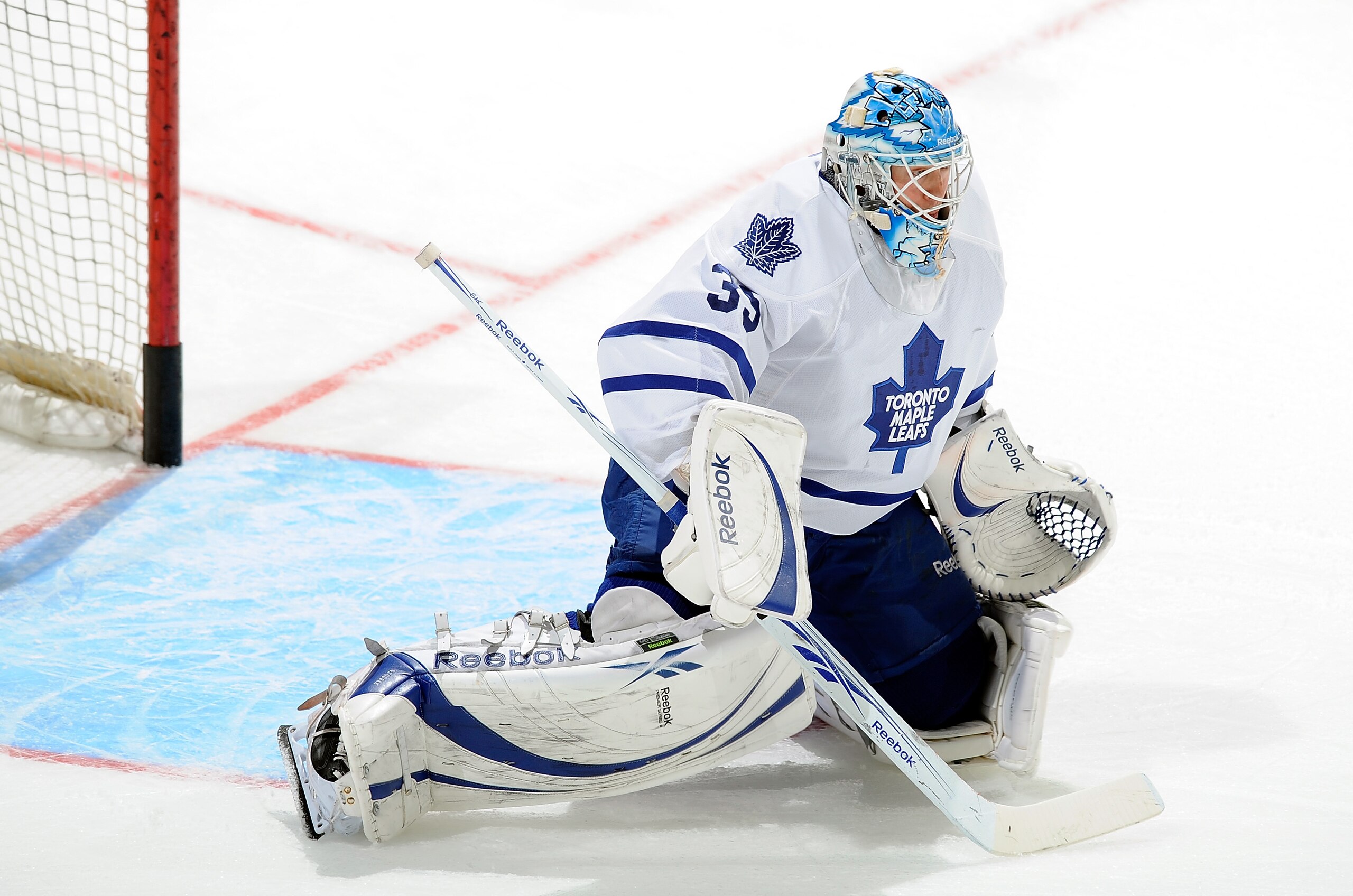 WASHINGTON - NOVEMBER 03:  Jean-Sebastien Giguere #35 of the Toronto Maple Leafs warms up before the game against the Washington Capitals at the Verizon Center on November 3, 2010 in Washington, DC.  (Photo by Greg Fiume/Getty Images)