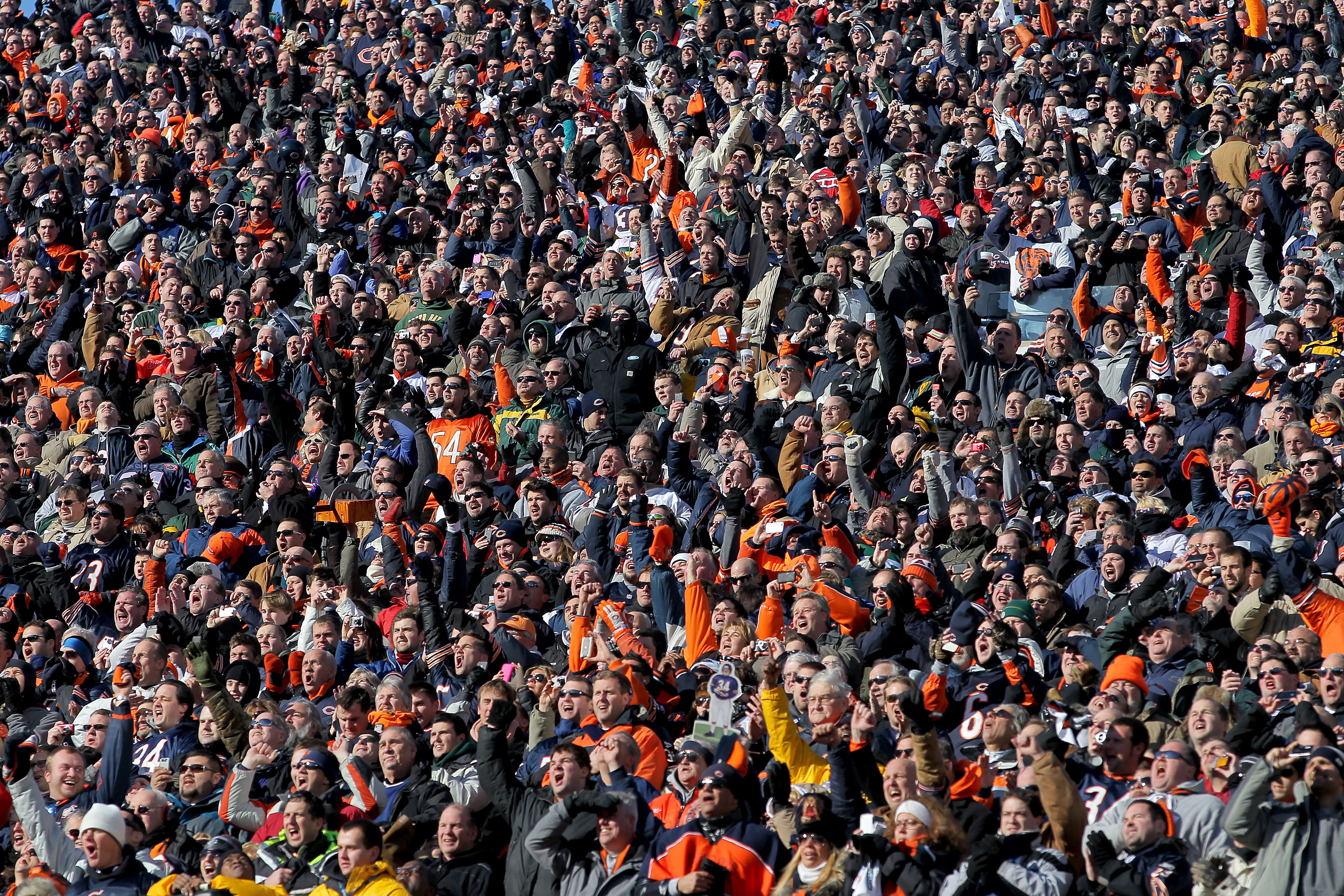 CHICAGO, IL - JANUARY 23:  Fans cheer in the NFC Championship Game between the Green Bay Packers and the Chicago Bears at Soldier Field on January 23, 2011 in Chicago, Illinois.  (Photo by Doug Pensinger/Getty Images)
