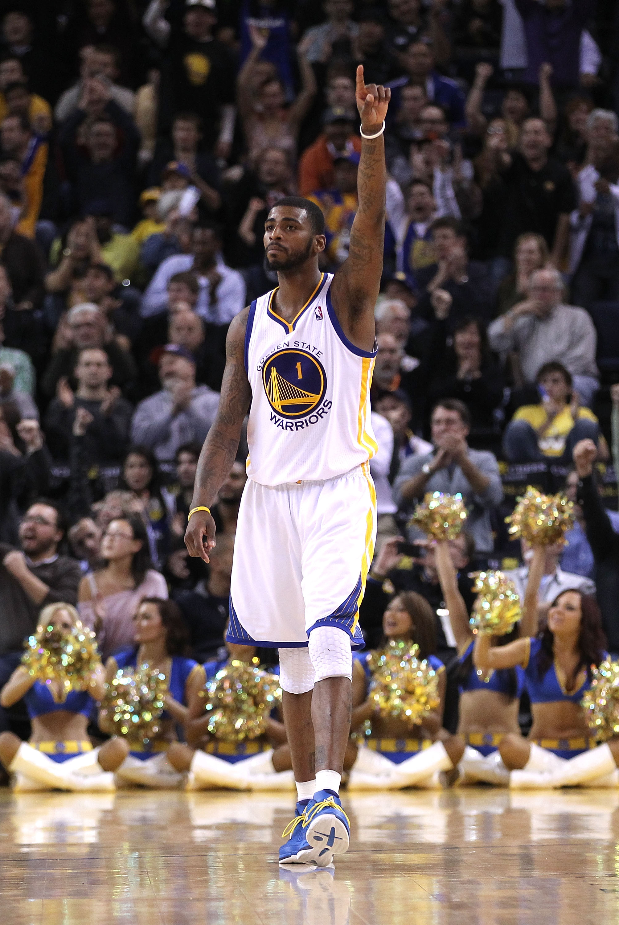 OAKLAND, CA - JANUARY 19:  Dorell Wright #1 of the Golden State Warriors reacts after the Warriors made a basket in the final minute of their game against the Indiana Pacers at Oracle Arena on January 19, 2011 in Oakland, California.  NOTE TO USER: User e