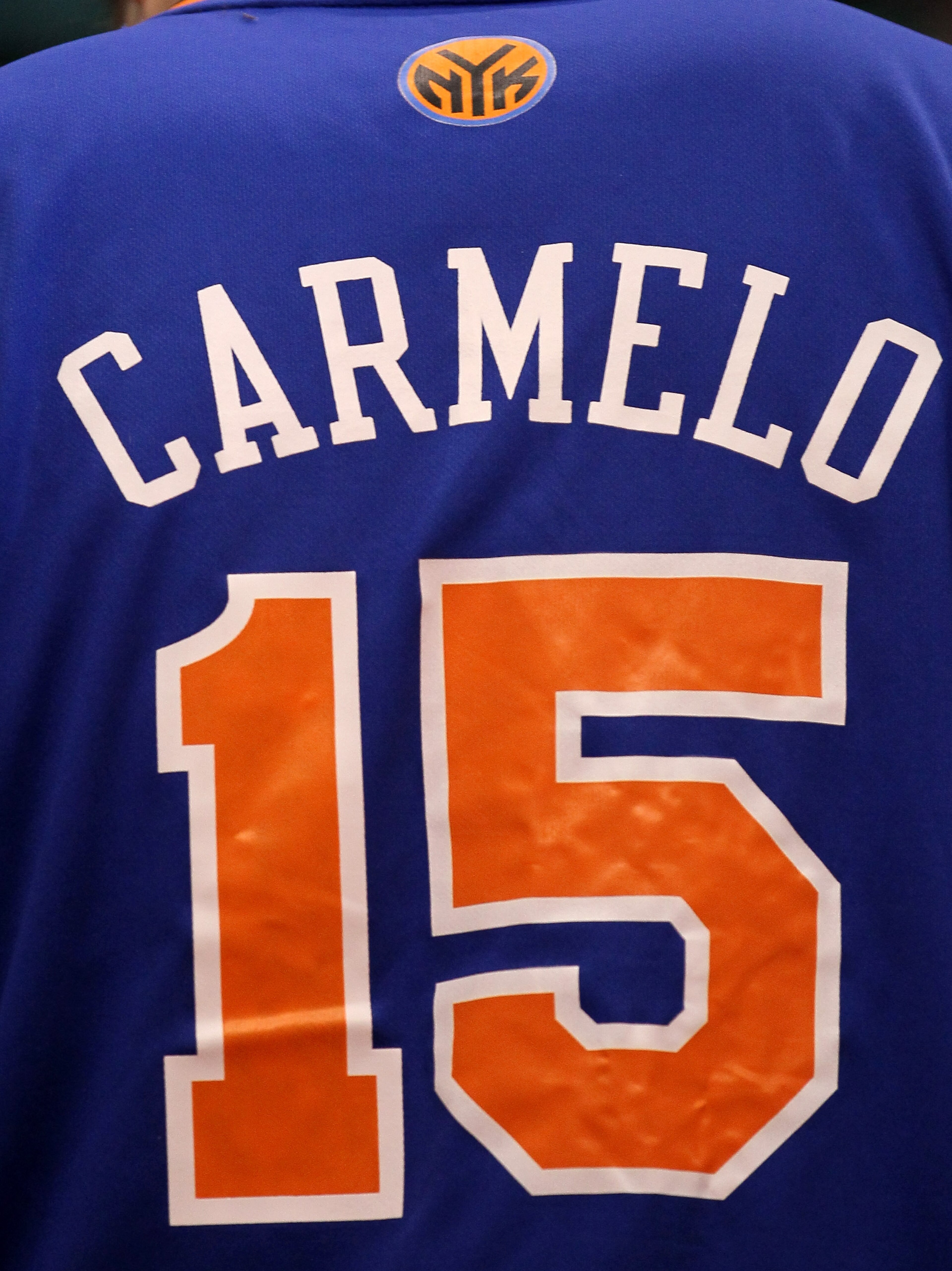 LOS ANGELES, CA - JANUARY 5:  A fan anticipating a possible impending trade wears a New York Knicks jersey with the first name and number of Carmelo Anthony #15 of the Denver Nuggets during the game withthe Los Angeles Clippers at Staples Center on Januar