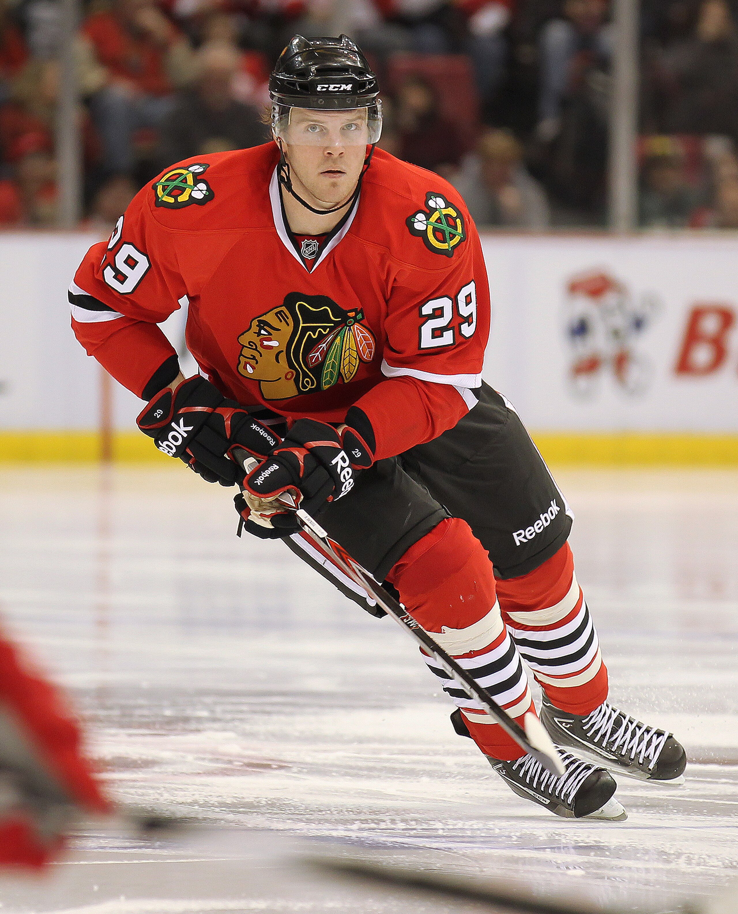 DETROIT, MI - JANUARY 22:  Bryan Bickell #29 of the Chicago Black Hawks skates in a game against the Detroit Red Wings on January 22, 2011 at the Joe Louis Arena in Detroit, Michigan. The Hawks defeated the Wings 4-1. (Photo by Claus Andersen/Getty Images