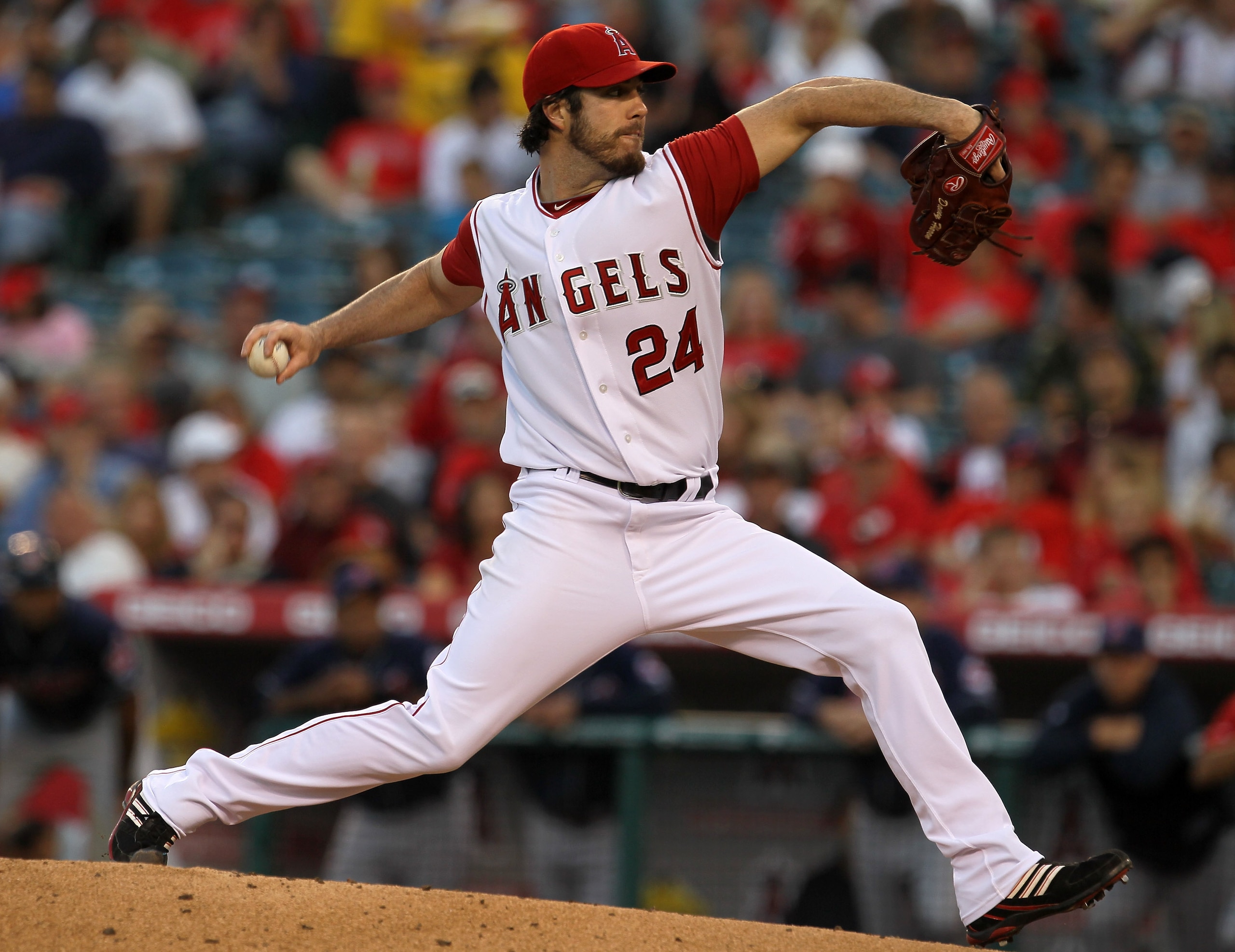 ANAHEIM, CA - SEPTEMBER 06:  Dan Haren #24 of the Los Angeles Angels of Anaheim pitches against the Cleveland Indians on September 6, 2010 at Angel Stadium in Anaheim, California.  (Photo by Stephen Dunn/Getty Images)
