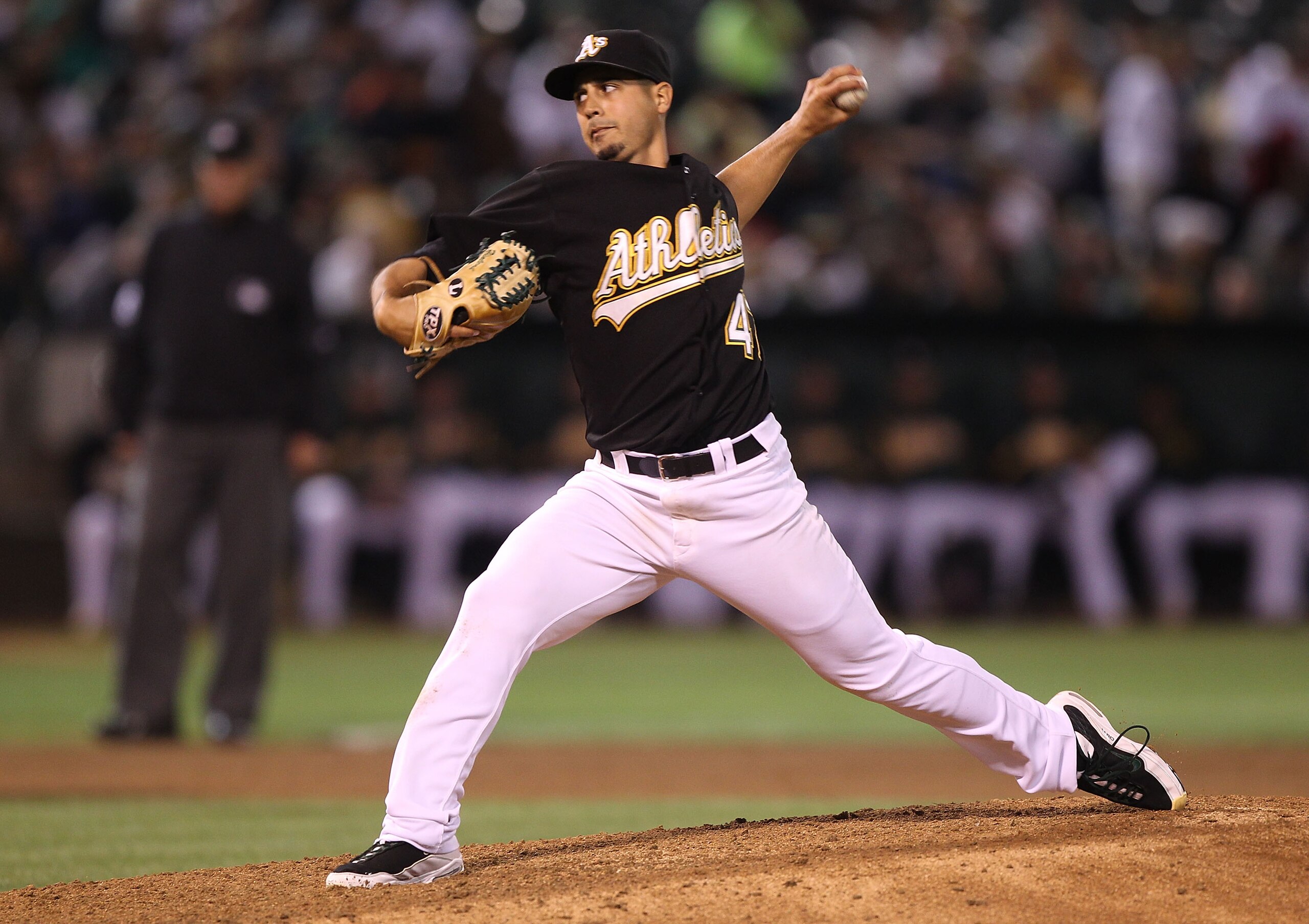 OAKLAND, CA - SEPTEMBER 03:  Gio Gonzalez #47 of the Oakland Athletics pitches against the Los Angeles Angels of Anaheim during a Major League Baseball game at the Oakland-Alameda County Coliseum on September 3, 2010 in Oakland, California.  (Photo by Jed
