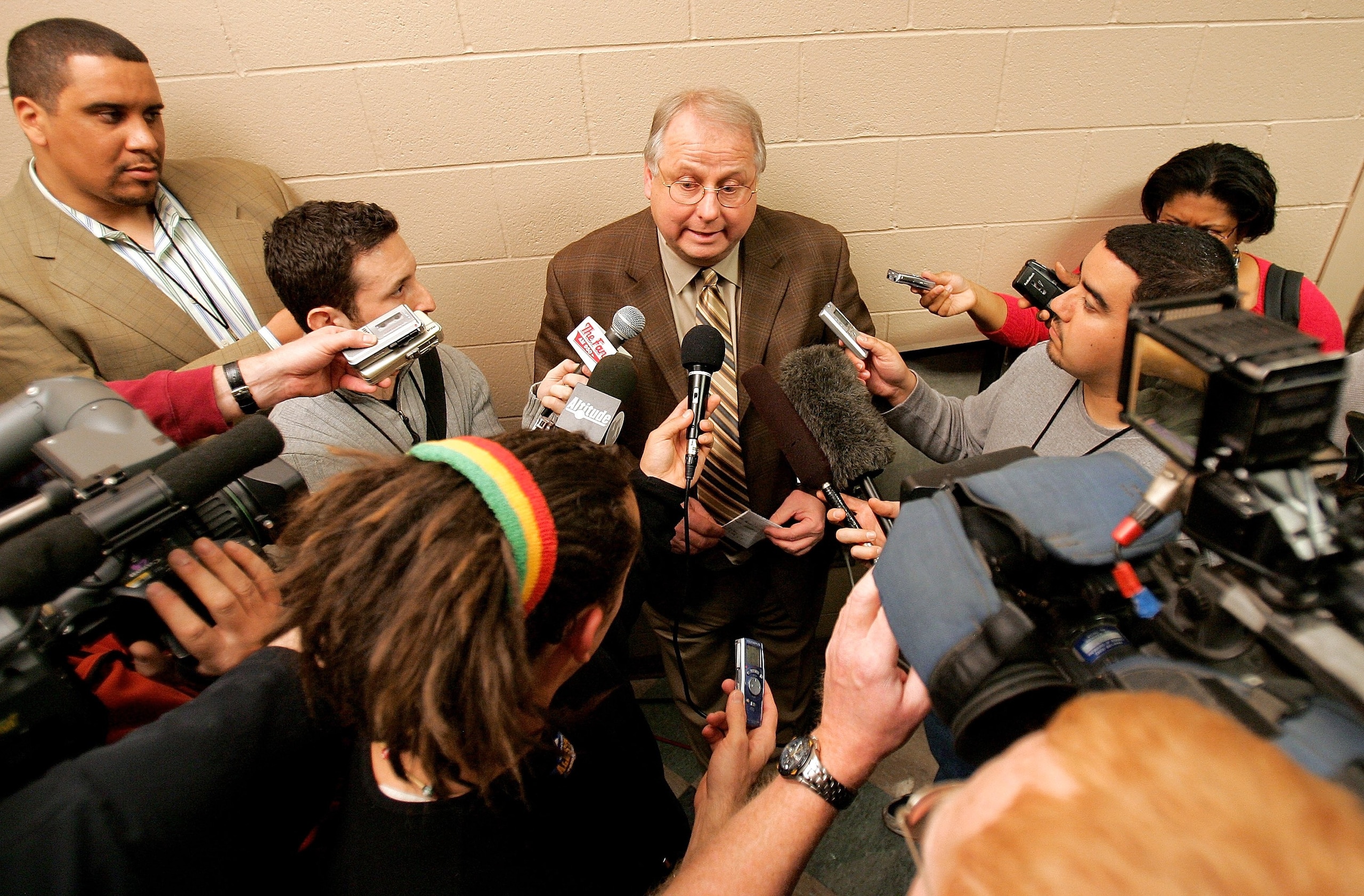 DENVER - DECEMBER 18:  Mark Warkentien, Vice President of Basketball Operations for the Denver Nuggets talks to the media about the NBA imposed suspensions on his team before they hosted the Washington Wizards on December 18, 2006 at the Pepsi Center in D